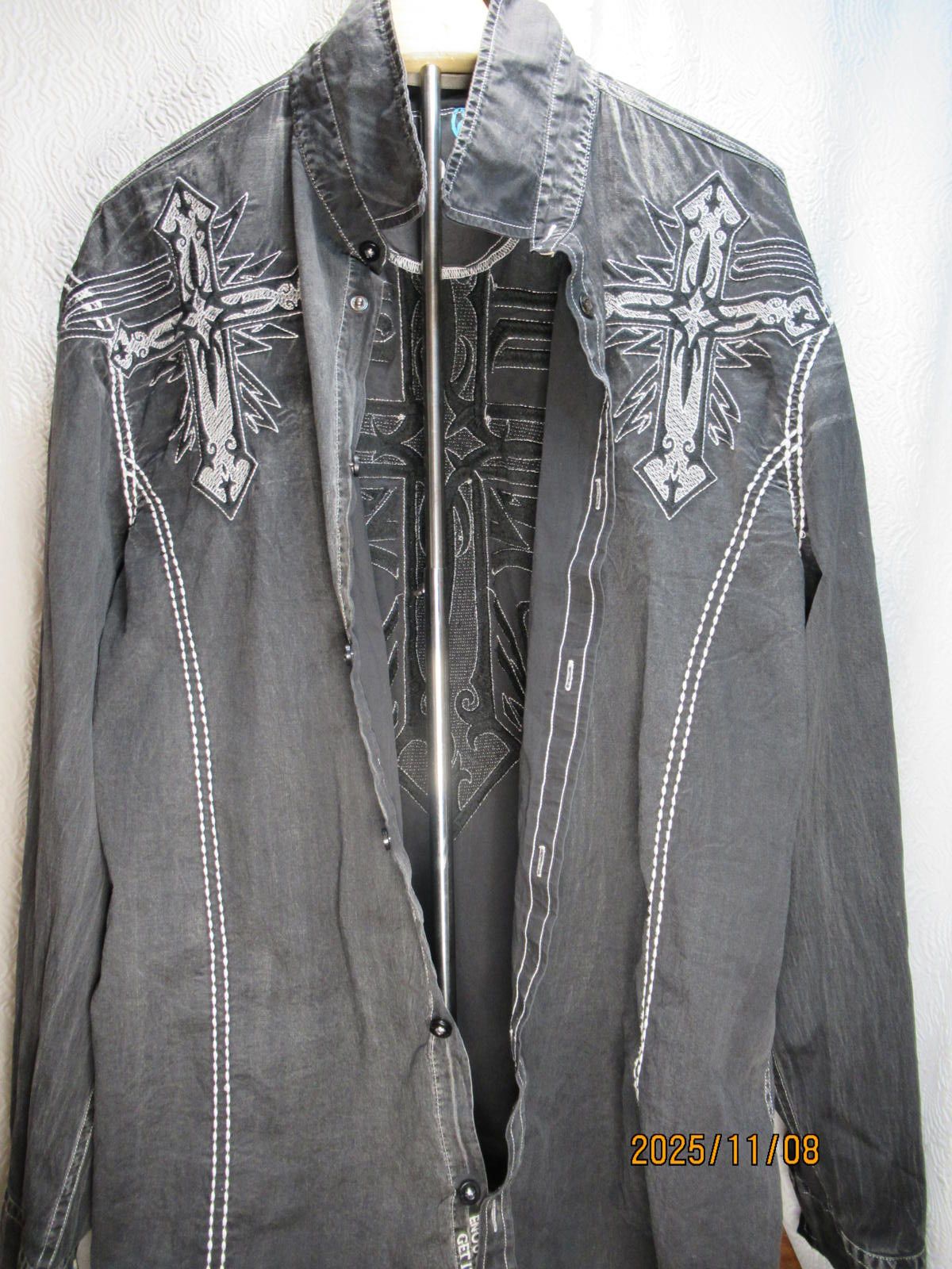 Roar Roar Shirt Black Embroidered Cross Western Rockabilly Size US XL / EU 56 / 4 - 4 Thumbnail