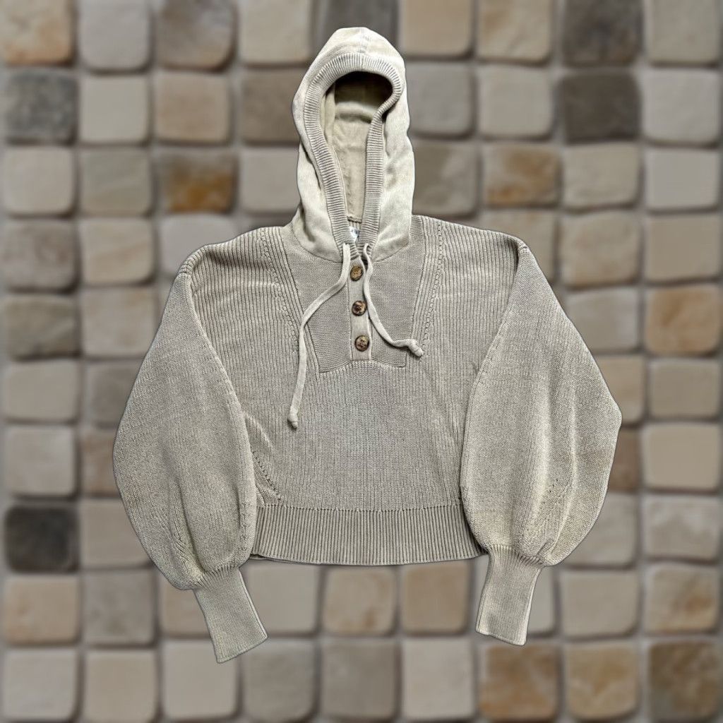 Veronica Beard VERONICA BEARD Ursina Knit Hoodie Womens XS Beige Cotton Cropped Fit Oversized Size XS / US 0-2 / IT 36-38 - 1 Thumbnail