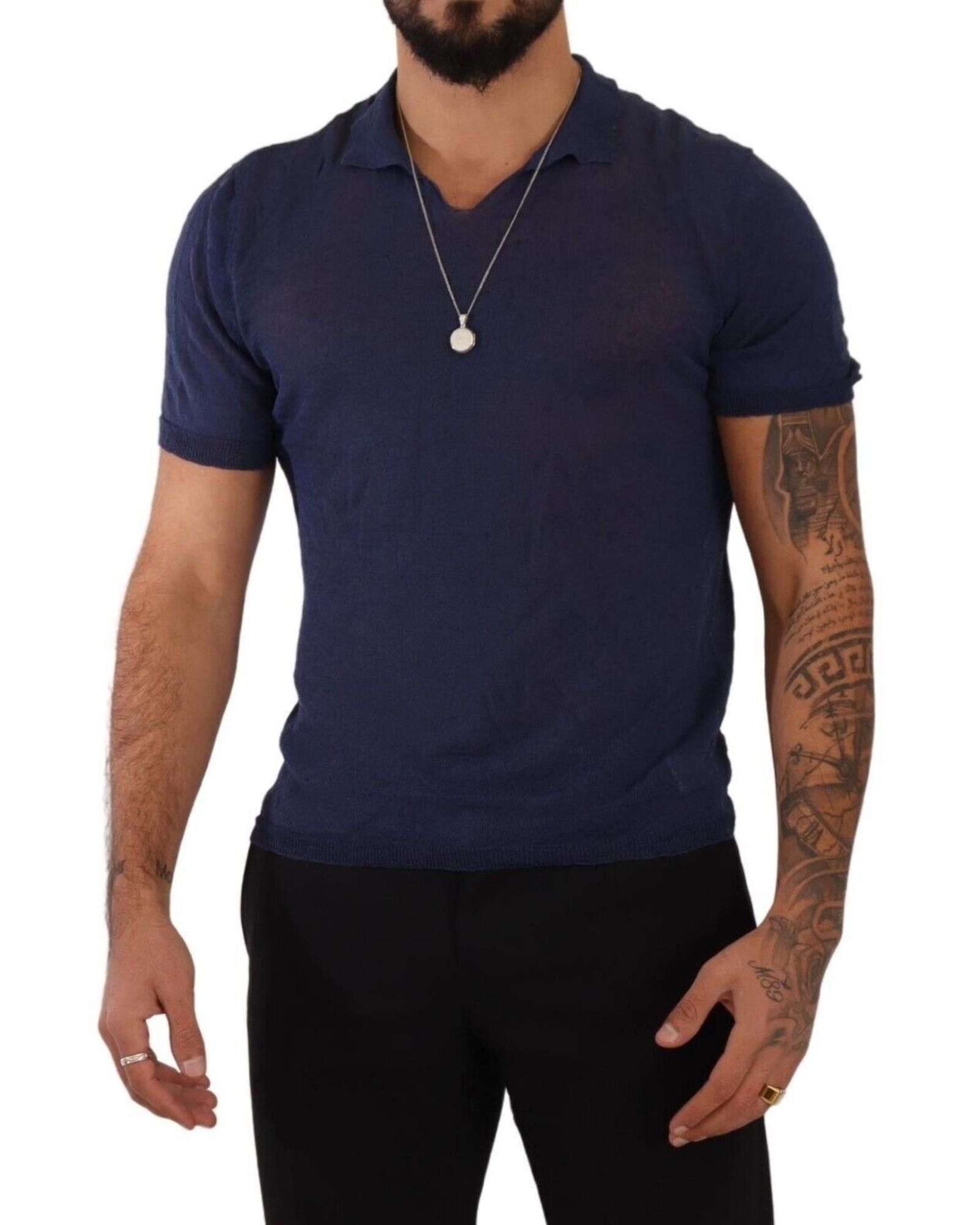 image of Daniele Alessandrini Linen Collared T-Shirt in Navy Blue, Men's (Size Medium)