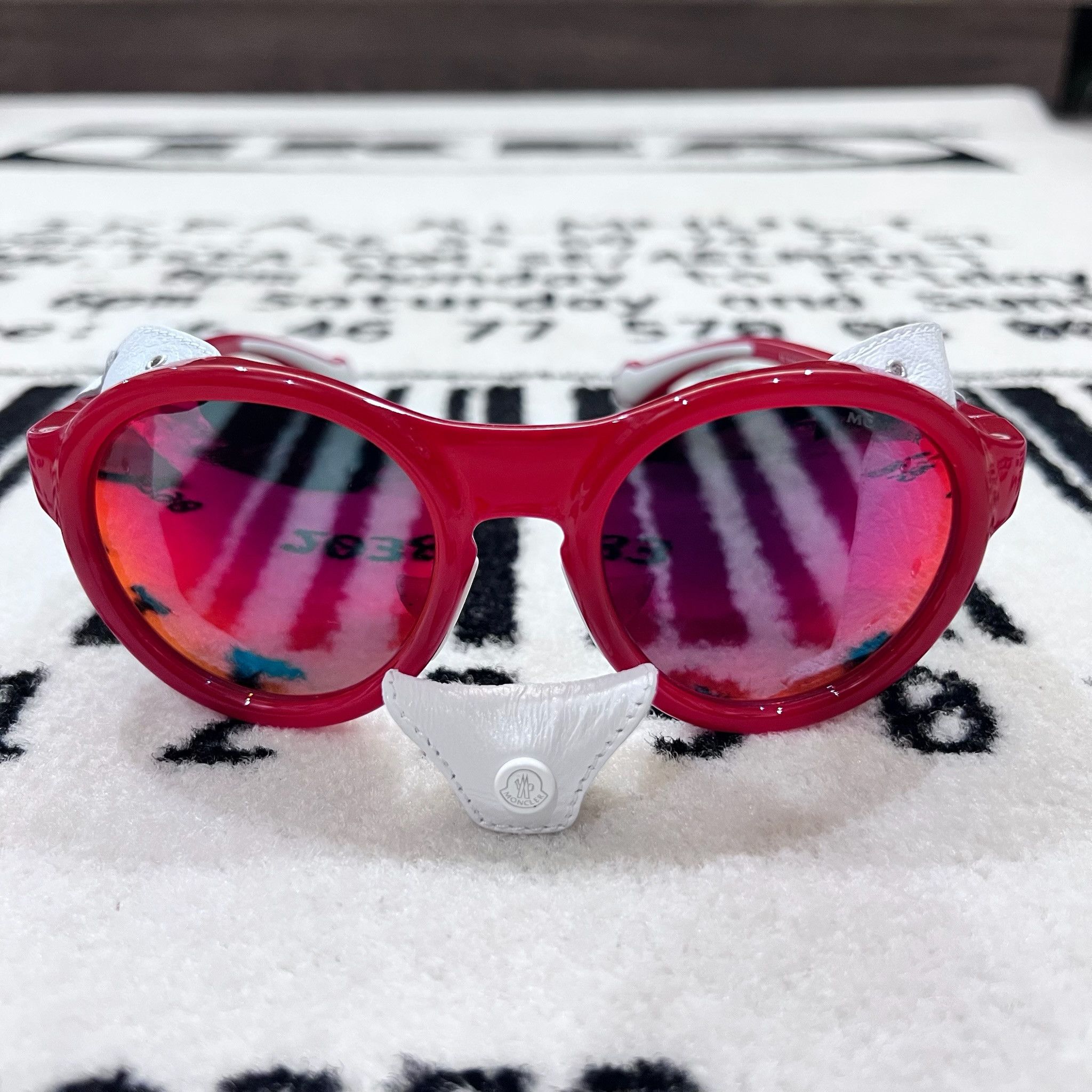 Moncler Moncler Red White Leather Side Shield Round Ski Sunglasses Size ONE SIZE - 3 Thumbnail