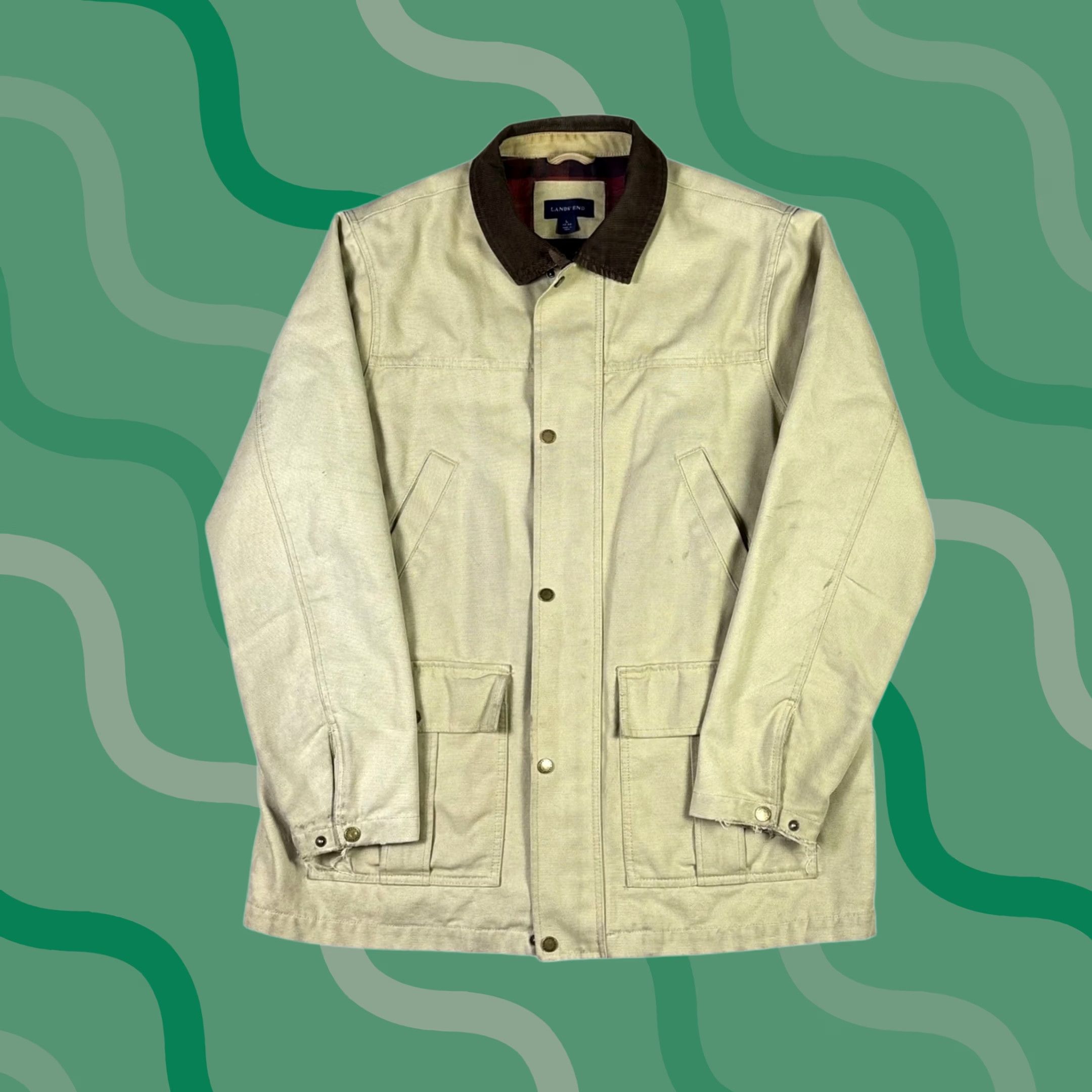 Lands' End Lands' End Mens Large Barn Coat Tan Canvas Corduroy Collar Plaid Lined Field Jacket Military Style Casual Workwear 90s Preppy Mens jackets Size US L / EU 52-54 / 3 - 1 Thumbnail