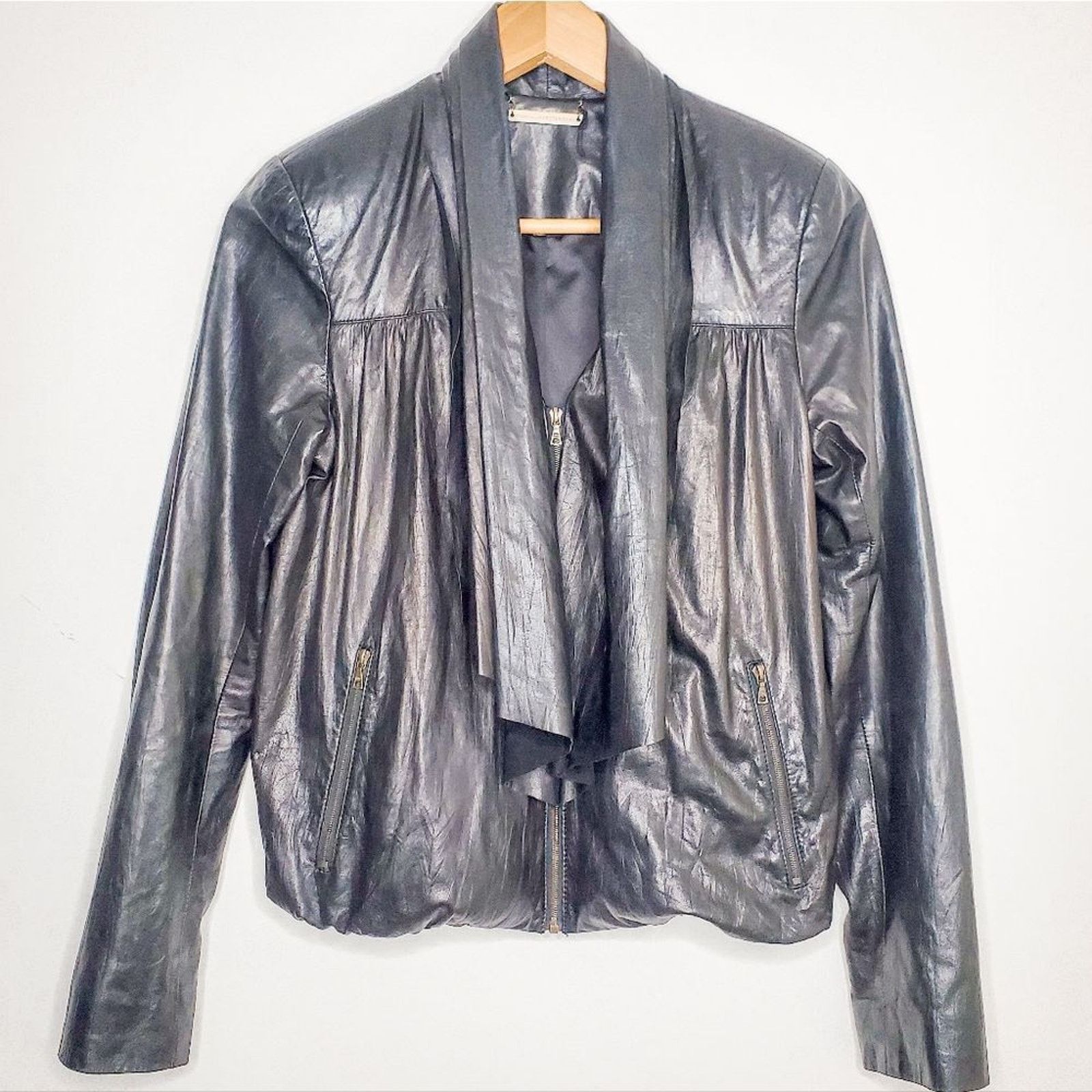 Diane von Furstenberg DVF Black Soft Leather Meringue Draped Moto Jacket Size 2 Size XS / US 0-2 / IT 36-38 - 2 Thumbnail