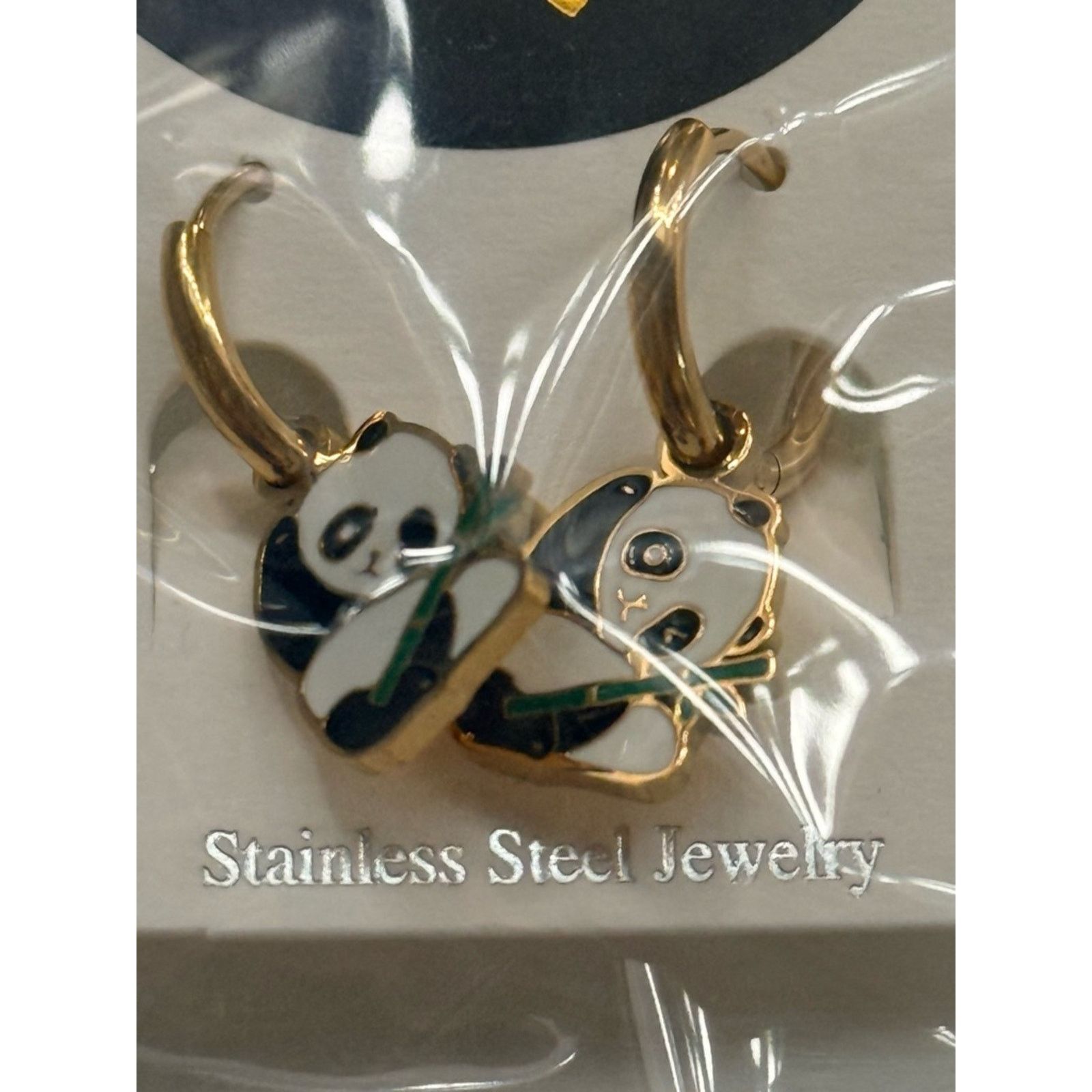 Other Gold Panda Hoop Drop Earrings with Green Bamboo Accent Size ONE SIZE - 2 Thumbnail