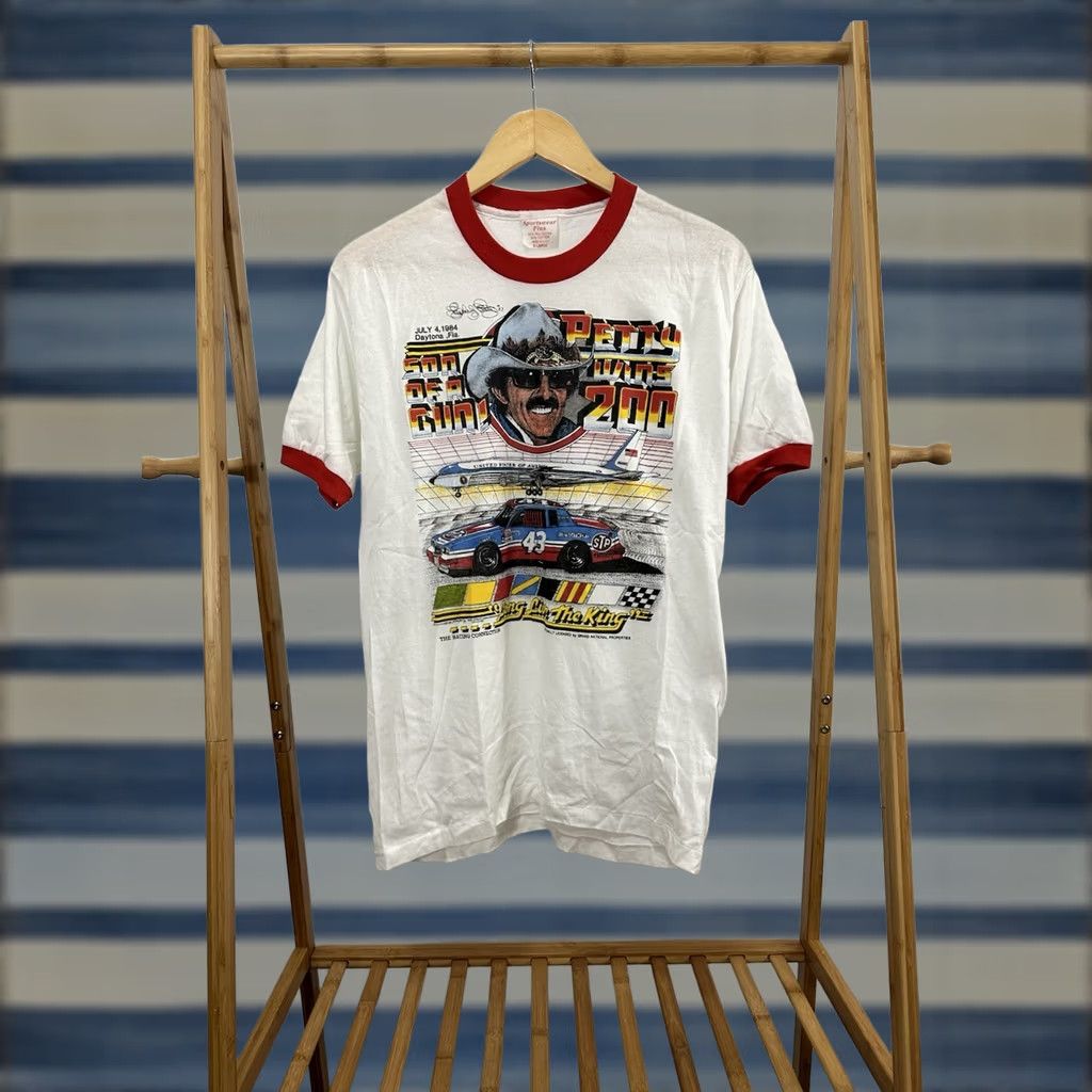 NASCAR VTG 80s Richard Petty Son Of A Gun Wins 200 Nascar Ringer T-Shirt XL White Nascar Racing Mens T-Shirt XL, White, Short Sleeve, Vintage Sportswear Plus Size US XL / EU 56 / 4 - 1 Thumbnail