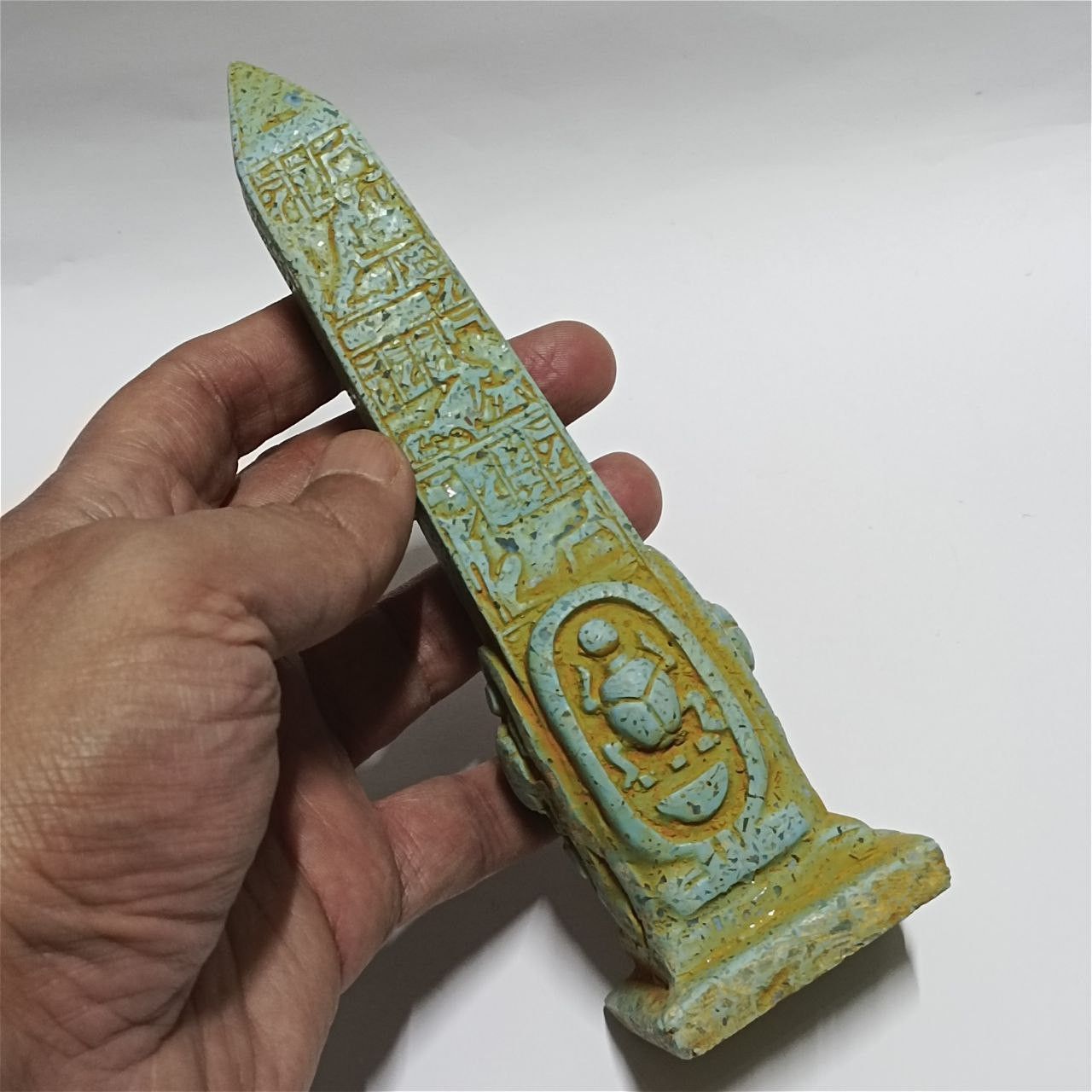 Replica Egypt obelisk with carved hieroglyphs made from rare