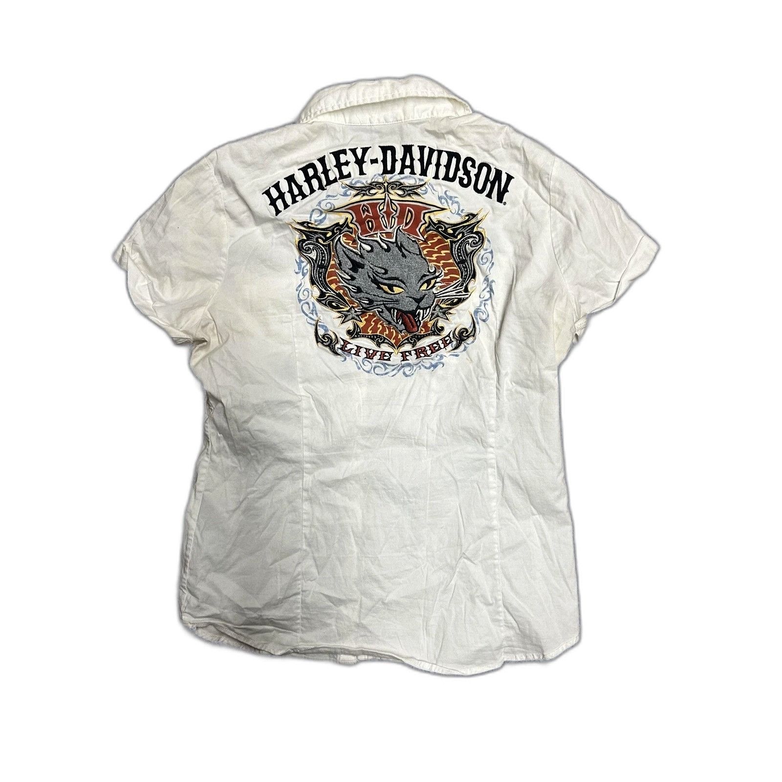 Vintage Harley Davidson Embroidered Live Free Hell Cat Button Shirt Size US M / EU 48-50 / 2 - 1 Thumbnail