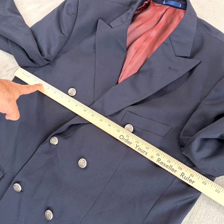 Vintage Paul Frederick Double Breasted Peak Lapel Sport Coat Navy 42R Men Wool Six-Button Ventless Inner Pockets Regular Length Size US XS / EU 42 / 0 - 7 Thumbnail