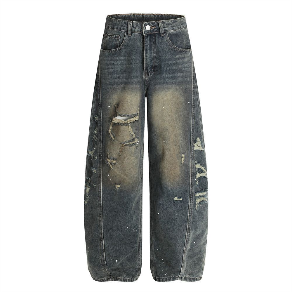 Men's ink-splashed distressed punk ripped scimitar jeans