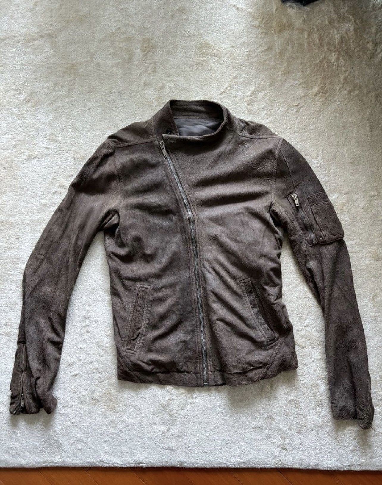 image of Rick Owens Distressed Lamb Skin Leather Jacket in Brown, Men's (Size Small)