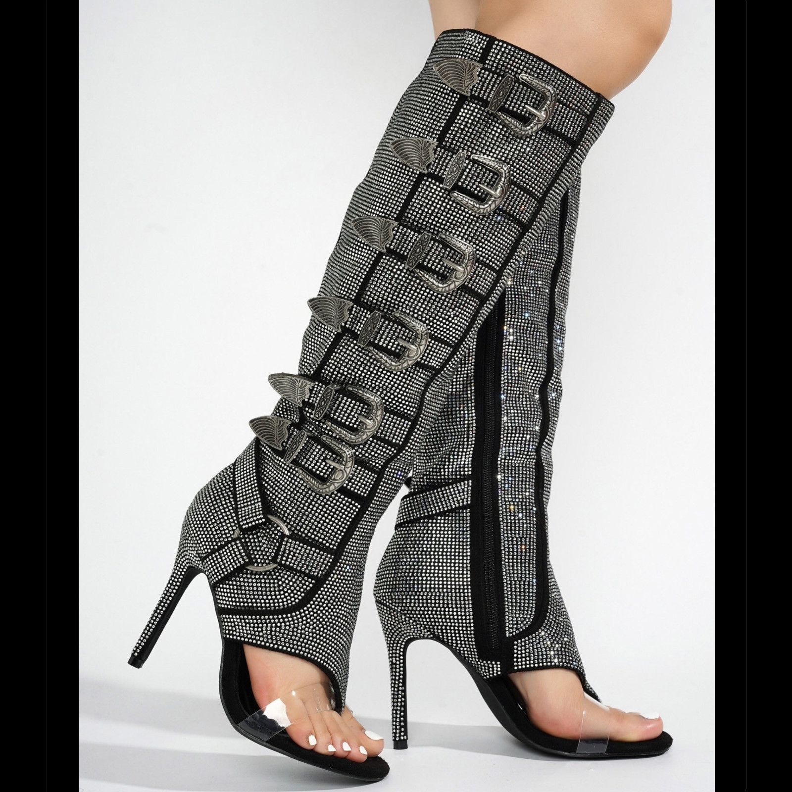Other Motor City Black Silver Rhinestone Stiletto Heel Knee Boots Size US 7.5 / IT 37.5 - 3 Thumbnail