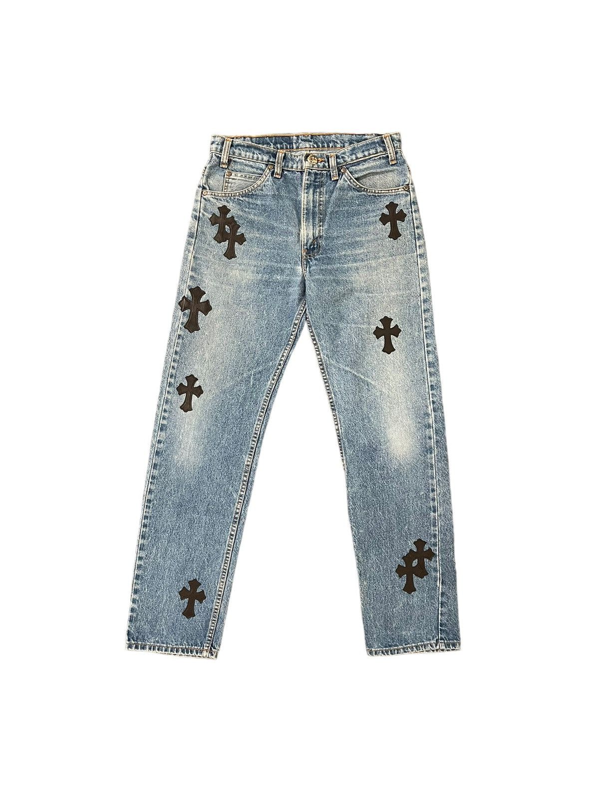 image of Chrome Hearts Cross Patch Detailed Levi’S 517 Orange Tab Denim Jeans in Light Blue Wash (Size 31)