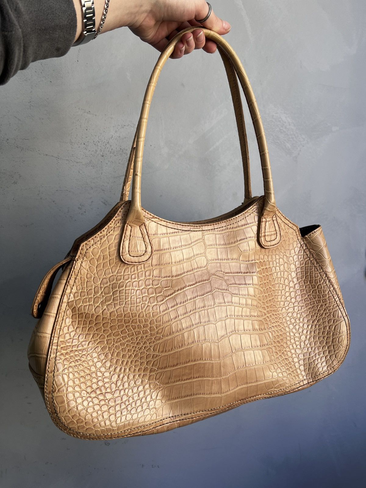 KMRii Tan Crocodile pattern Leather Handbag Y2K kmrii style Size ONE SIZE - 6 Thumbnail