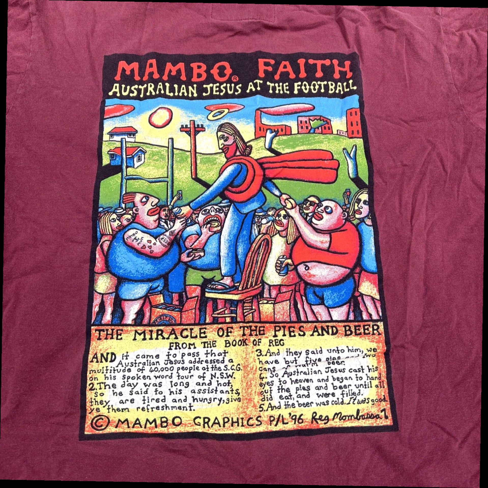 Mambo Vtg t shirt Mambo Faith Australian Jesus At The Football Medium 1996 Size US M / EU 48-50 / 2 - 2 Thumbnail