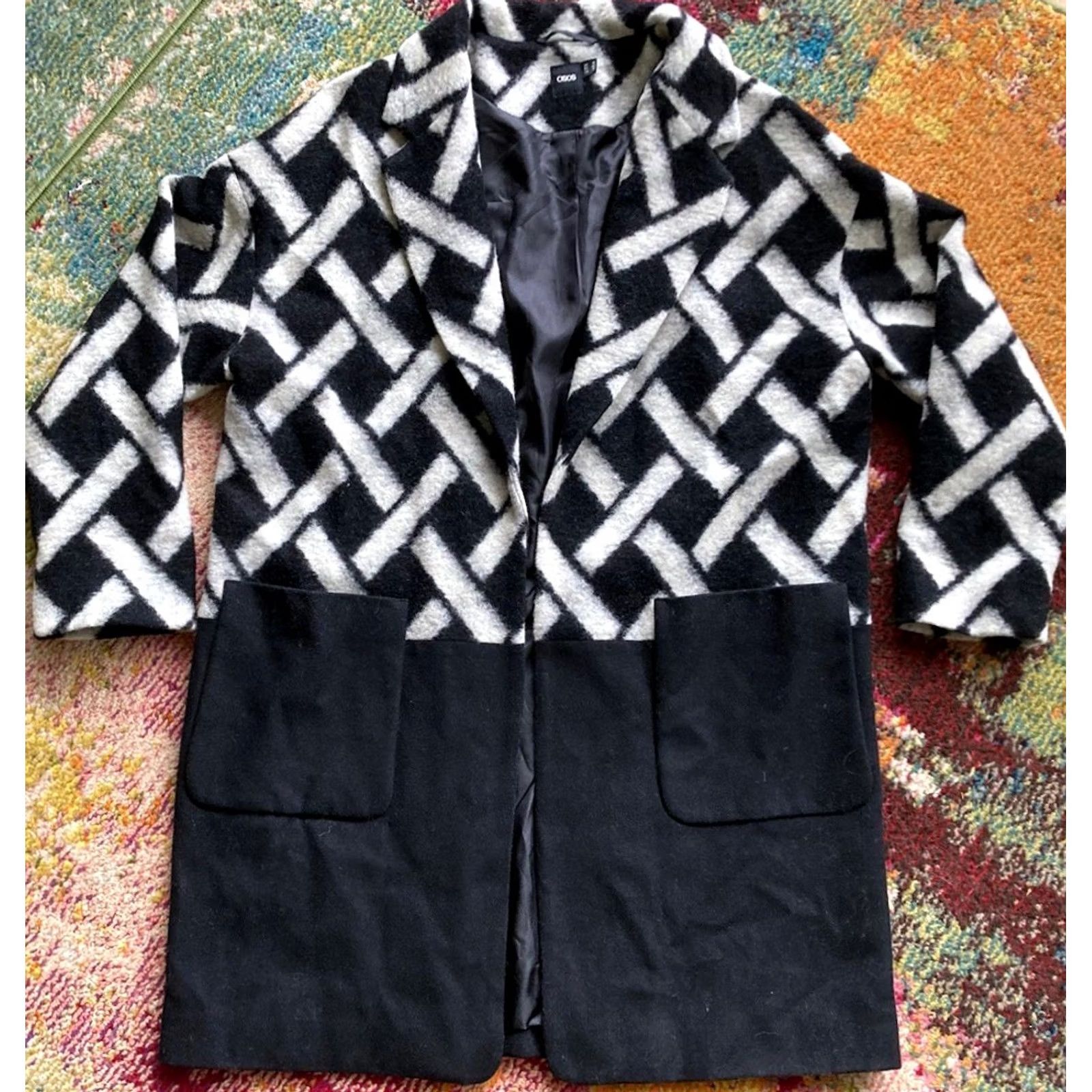 Asos ASOS Coat Wool Blend Overcoat Long Pockets Lined Black 10 Womens Geometric Jacket Multicolor Exterior Size L / US 10 / IT 46 - 2 Thumbnail