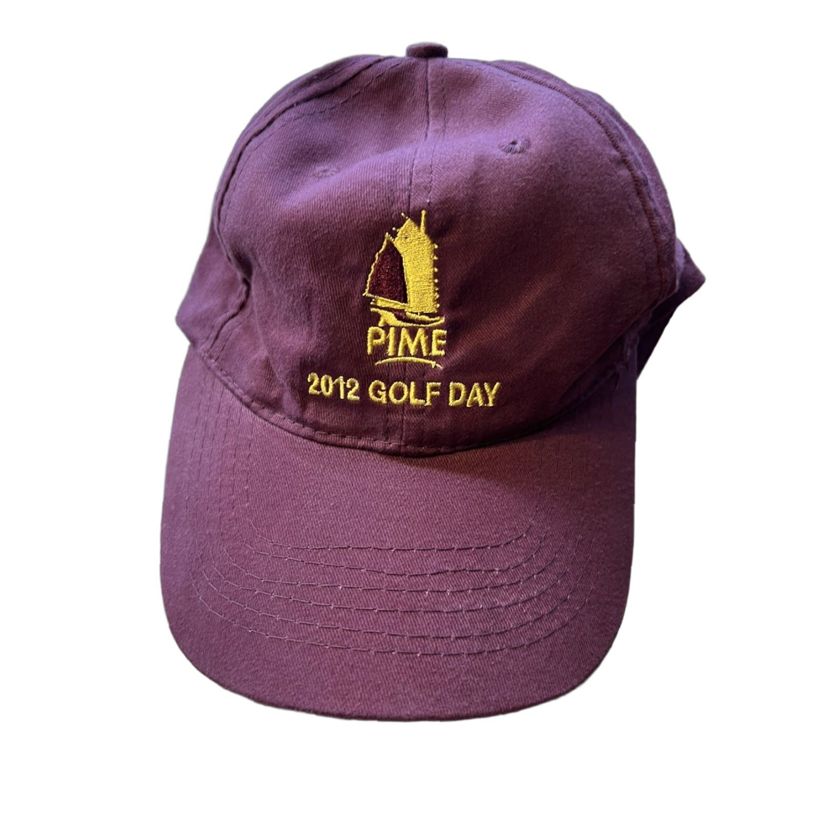 Vintage PIME 2012 Golf Day Hat Yellow Maroon Strap Back New Never Worn Trucker Hat Logo Apollo Men Adjustable Red Size ONE SIZE - 1 Thumbnail