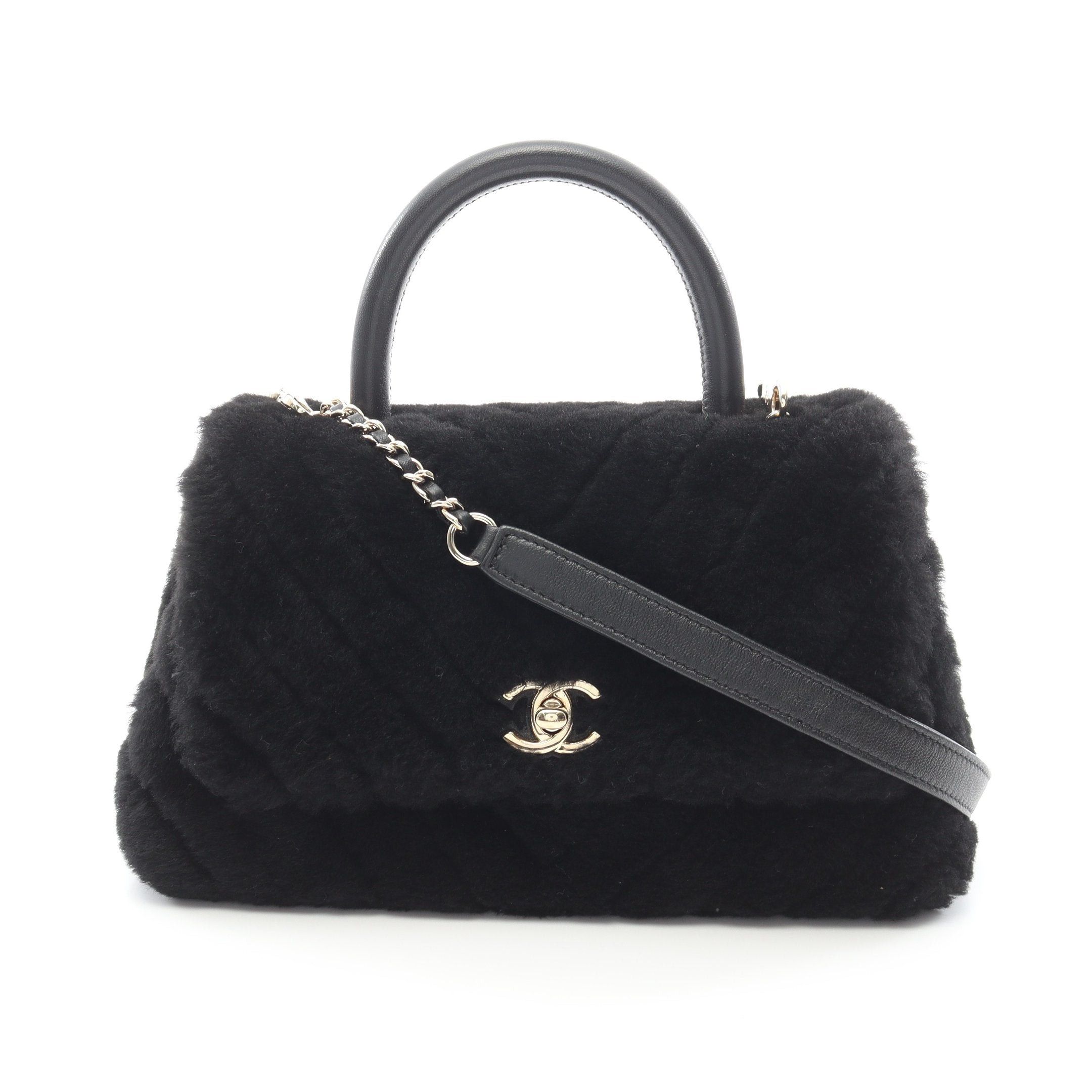 Chanel Chanel Coco Handle Flap Chevron V-Stitch Handbag Fur Black Gold Hardware Size ONE SIZE - 1 Thumbnail