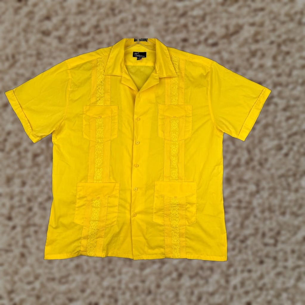 Omega Omega Fashion Guayabera Shirt Mens Adult 17.5 Yellow Cotton Polyester Blend 4 Pocket Button-Up Short Sleeve Casual Beach Classic 90s? Size US XXL / EU 58 / 5 - 1 Thumbnail