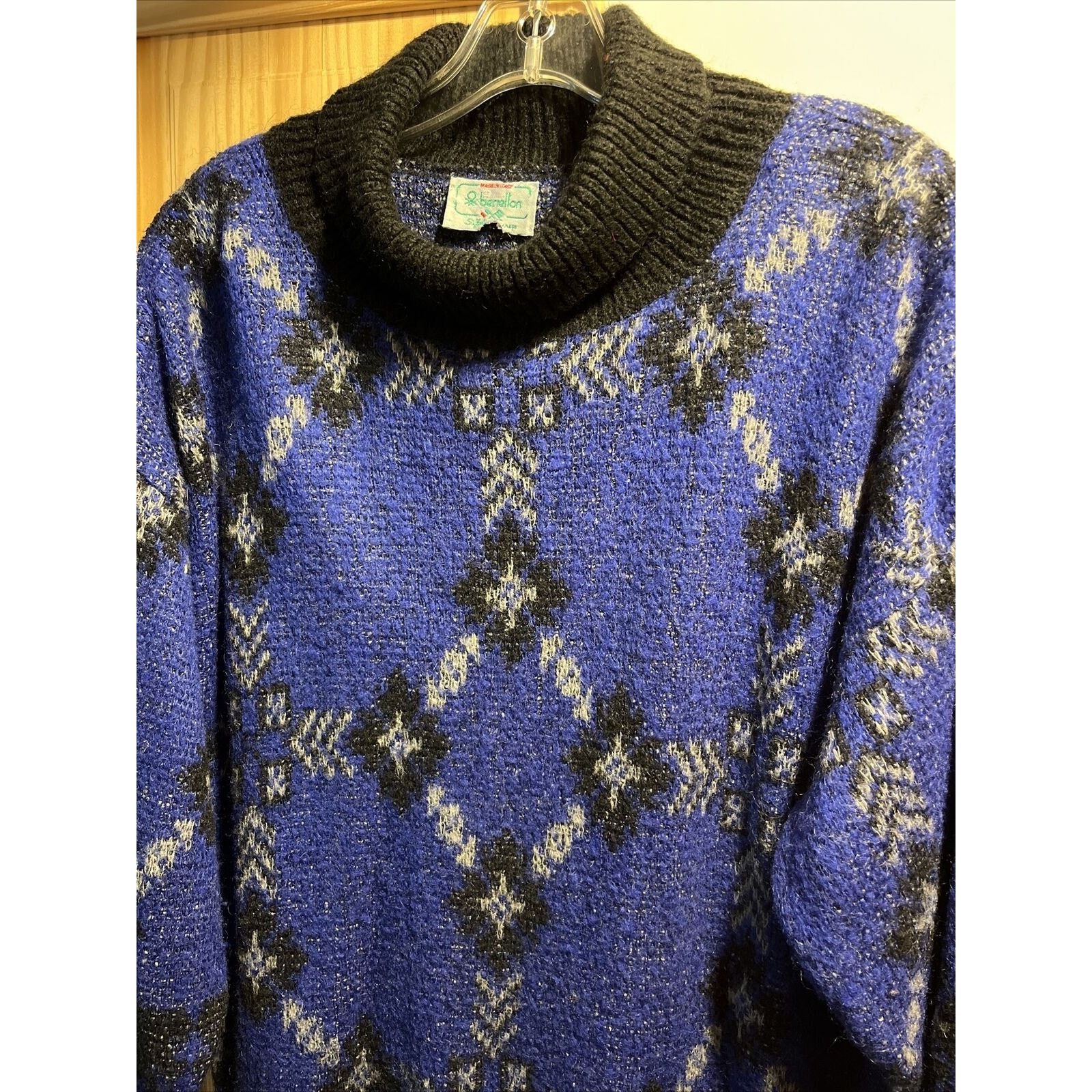 United Colors Of Benetton Benetton VTG L 46 Blue Argyle Acrylic Mohair Nylon Sweater Size L / US 10 / IT 46 - 4 Thumbnail