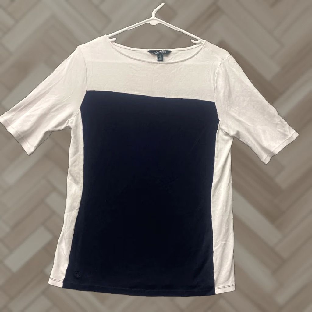 Ralph Lauren LAUREN RALPH LAUREN Women's Color Block T-Shirt Large White Blue Casual Logo Classic Size L / US 10 / IT 46 - 1 Thumbnail