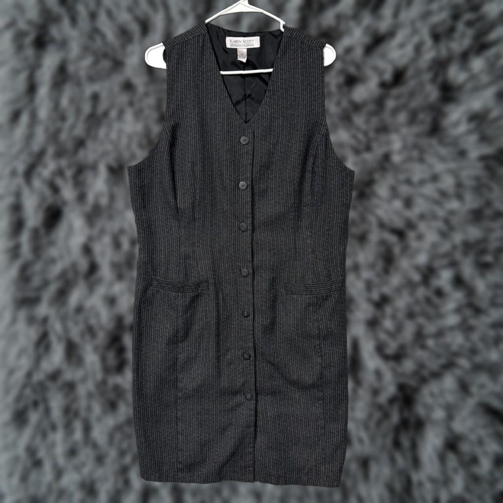 Vintage VINTAGE Karen Scott Sheath Dress 16 Gray Pinstripe Sleeveless V-Neck Knee Length Office Business Women Mensines? Size XXL / US 16-18 / IT 52-54 - 1 Thumbnail