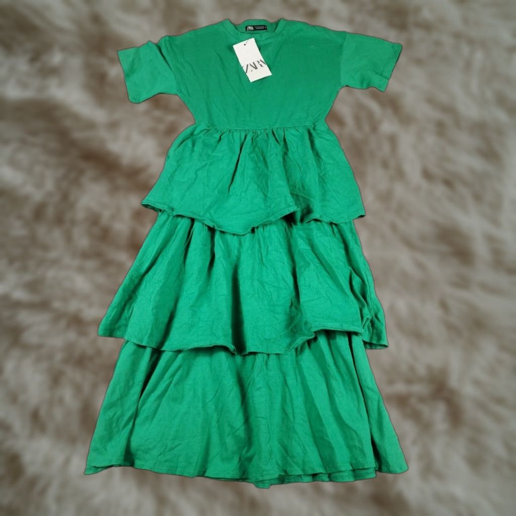 Zara Zara Dress Womens Size Small Green Layered Midi Ruffled Short Sleeve Classic Size 28" / US 6 / IT 42 - 1 Thumbnail