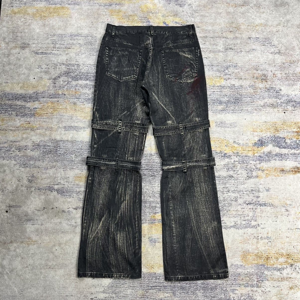 14th Addiction Berning sho skull print washed flared bondage pants vkei Size US 30 / EU 46 - 2 Thumbnail