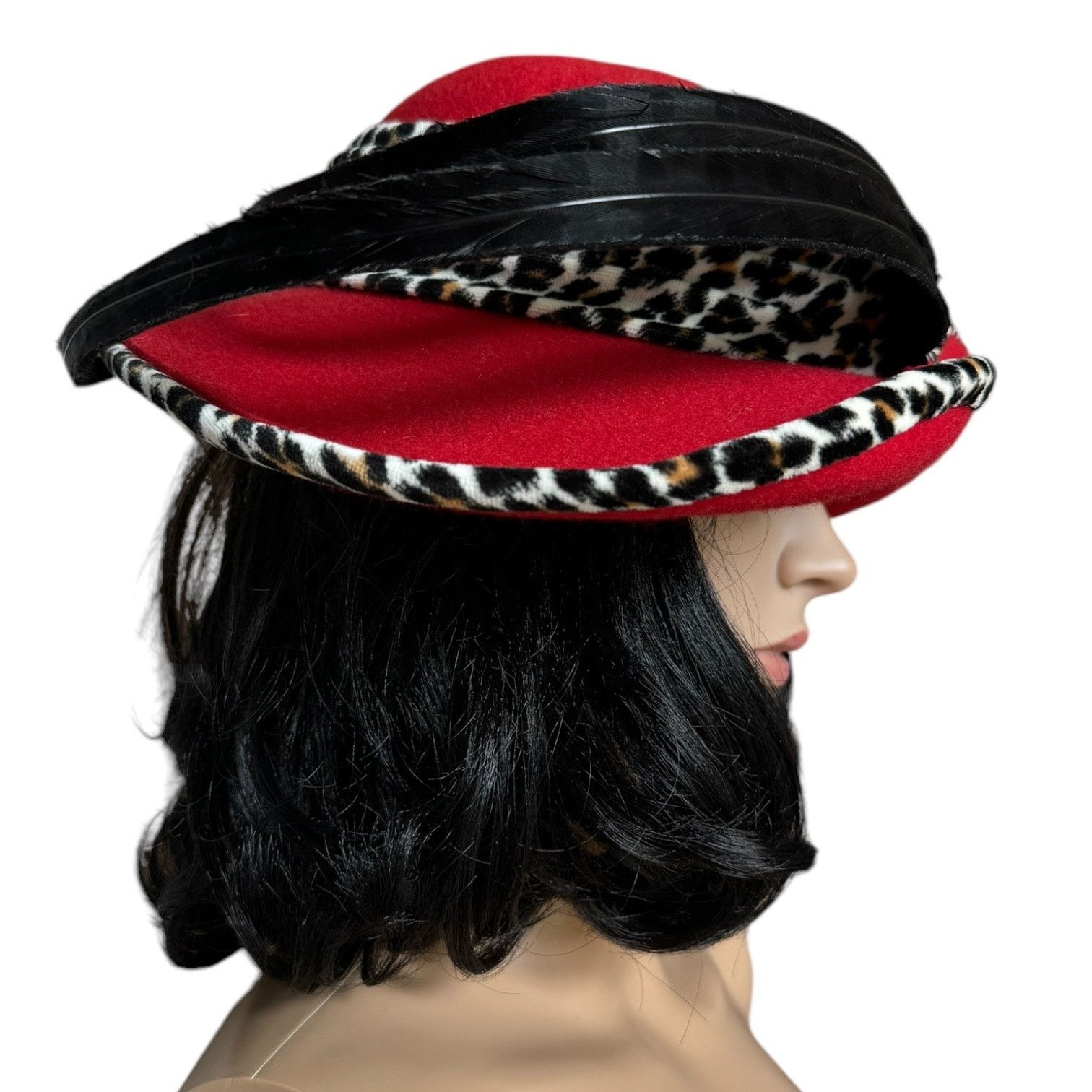 Vintage NWT 1960's Mr. John Classic Hat Red animal print feathers Size ONE SIZE - 5 Thumbnail