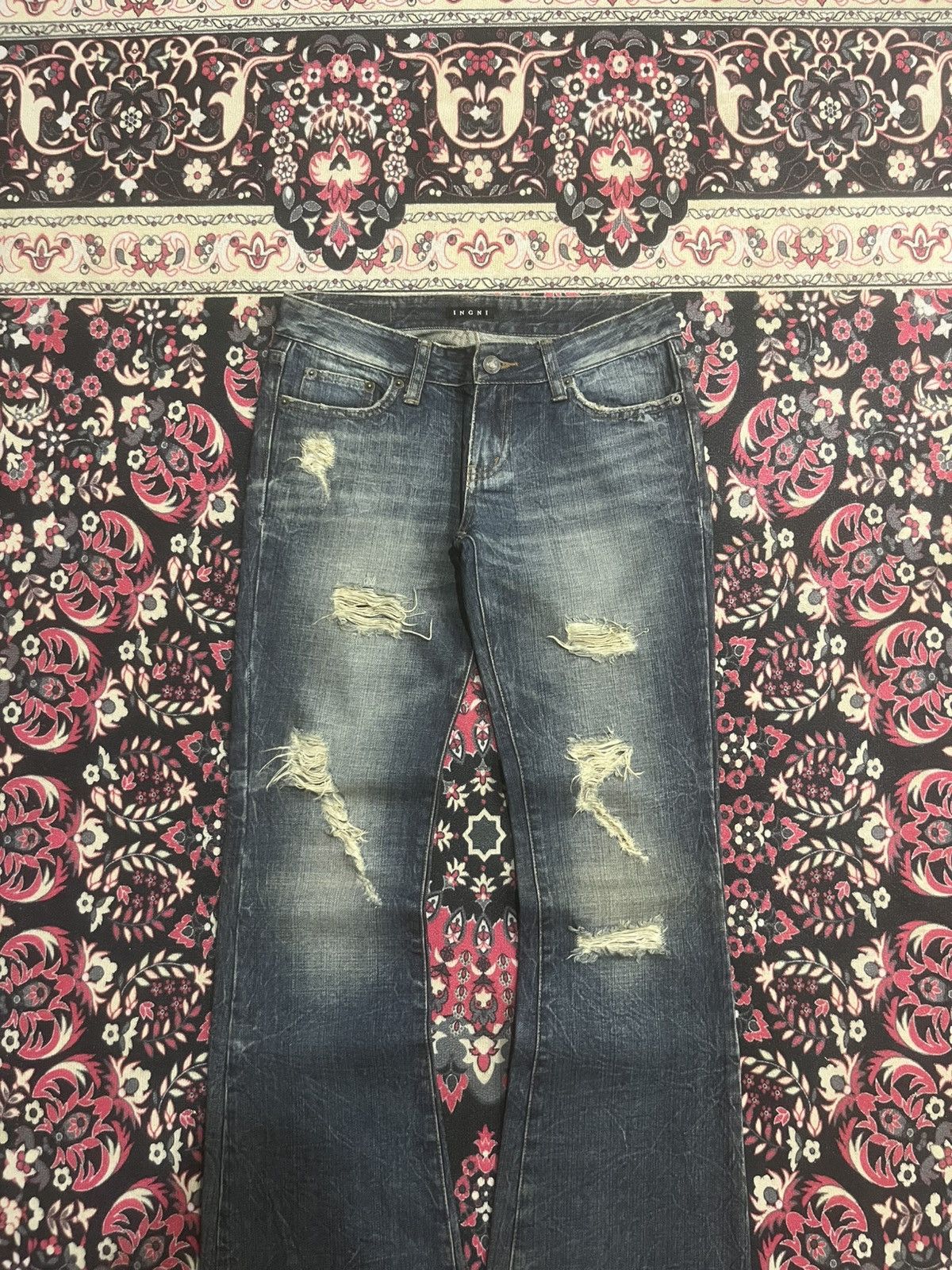 CIVARIZE Vintage Japanese Brand IGNI Dark Washed Distress Flare Jeans Size 28" / US 6 / IT 42 - 3 Thumbnail