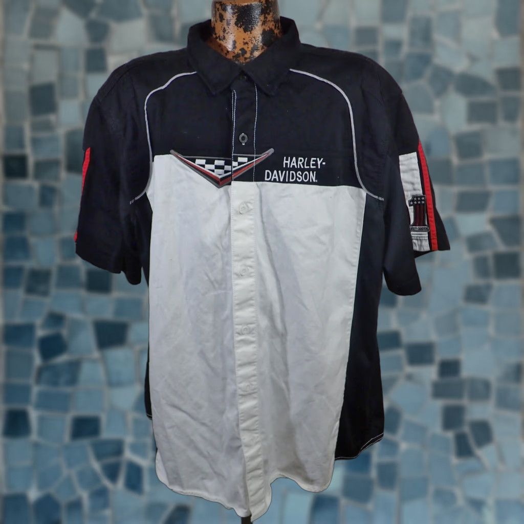 Harley Davidson Harley-Davidson Mens Racing Embroidered Button-Down Shop Shirt 3XL White Black Multicolor Embroidered 3XL Shirt Size US XXL / EU 58 / 5 - 1 Thumbnail