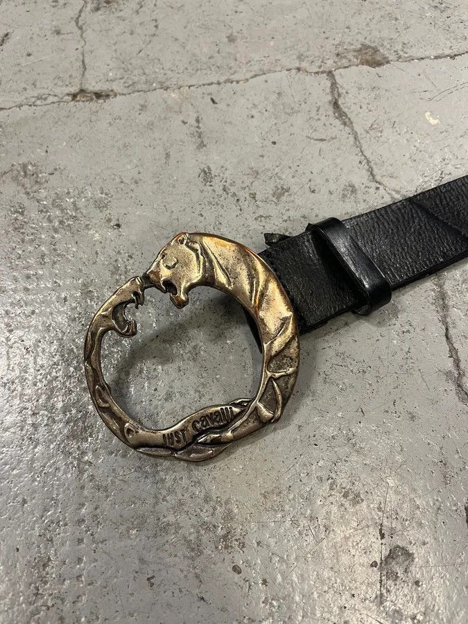 Designer × Just Cavalli × Vintage 2000s Cavalli Snake vs Tiger Buckle Black Leather Belt Size ONE SIZE - 6 Thumbnail