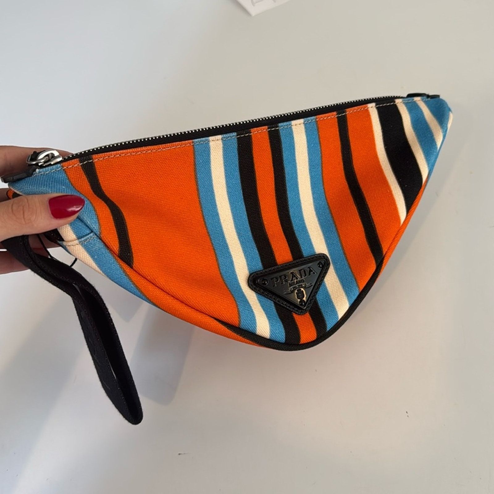 Prada Prada’s Orange and Blue Striped Bag | Wristlet Pouch Size ONE SIZE - 1 Thumbnail