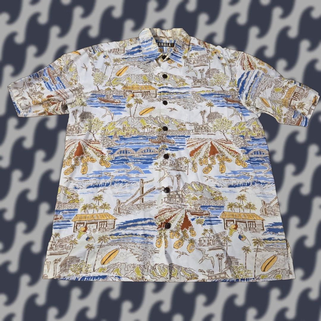 VINTAGE Kahala Shirt Mens Large White Blue Hawaiian Aloha Button Up Pineapple Print USA