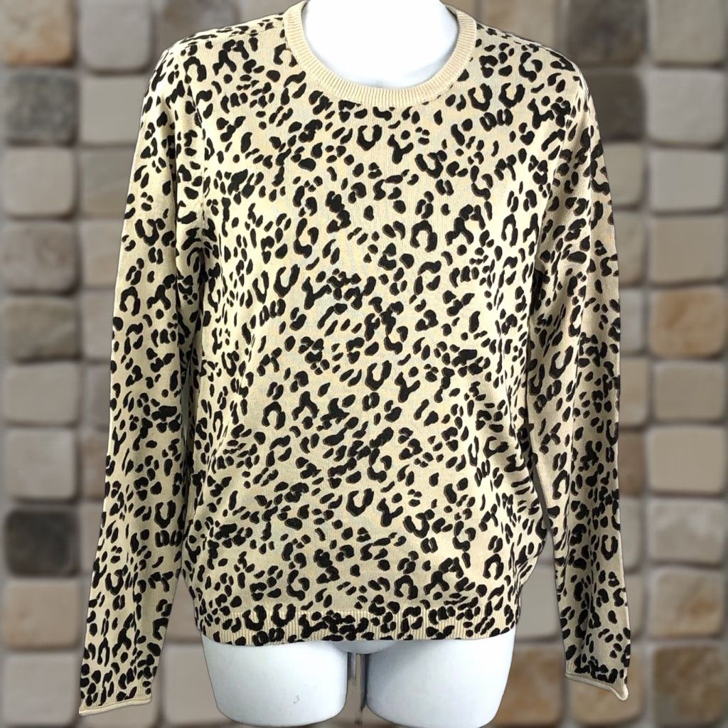 H&M NWT H&M Knit Sweater Top XS Tan Leopard Round Neck Long Sleeve Rolled Cuffs 90s Womens Size XS / US 0-2 / IT 36-38 - 1 Thumbnail