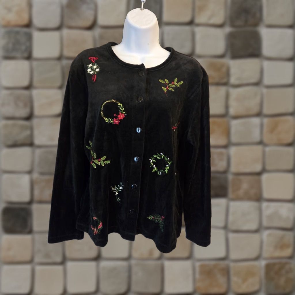 Vintage Appleseed's Black Velvet Christmas Embroidered Button Front Cardigan Womens L Size L / US 10 / IT 46 - 1 Thumbnail