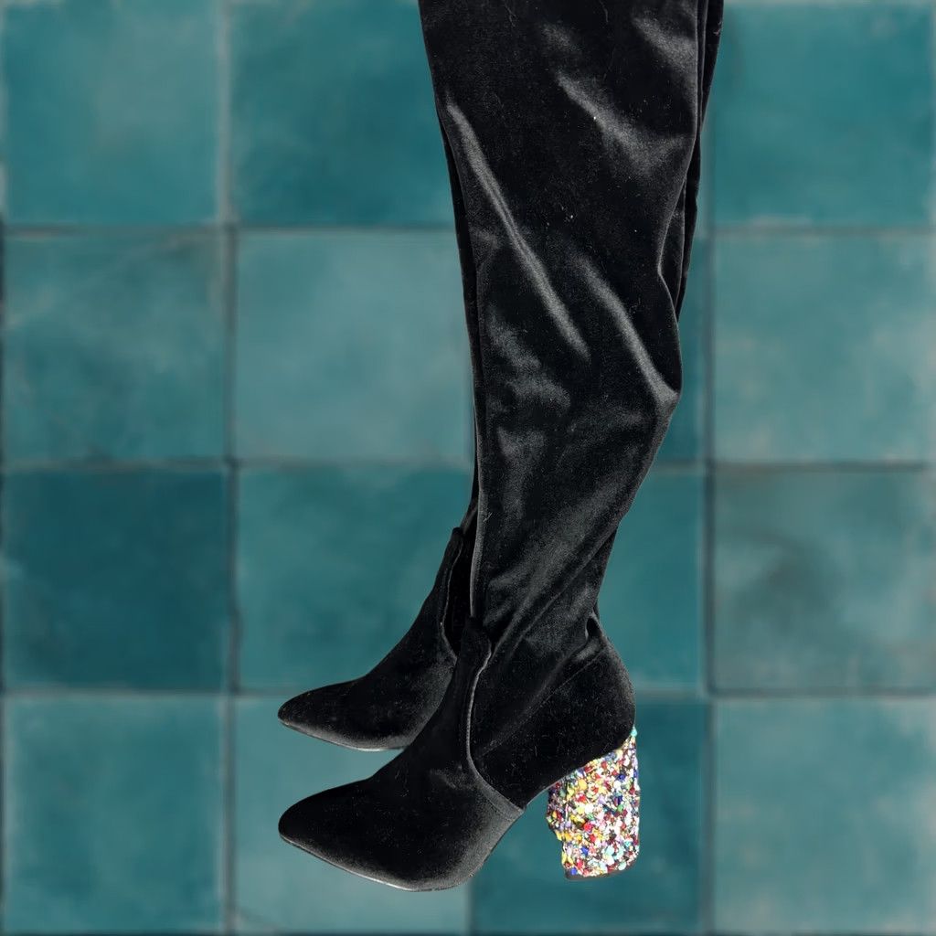Betsey Johnson VINTAGE Betsey Johnson Boots Womens 7.5 Black Velvet Over Knee Jeweled Block Heel Size US 8 / IT 38 - 1 Thumbnail
