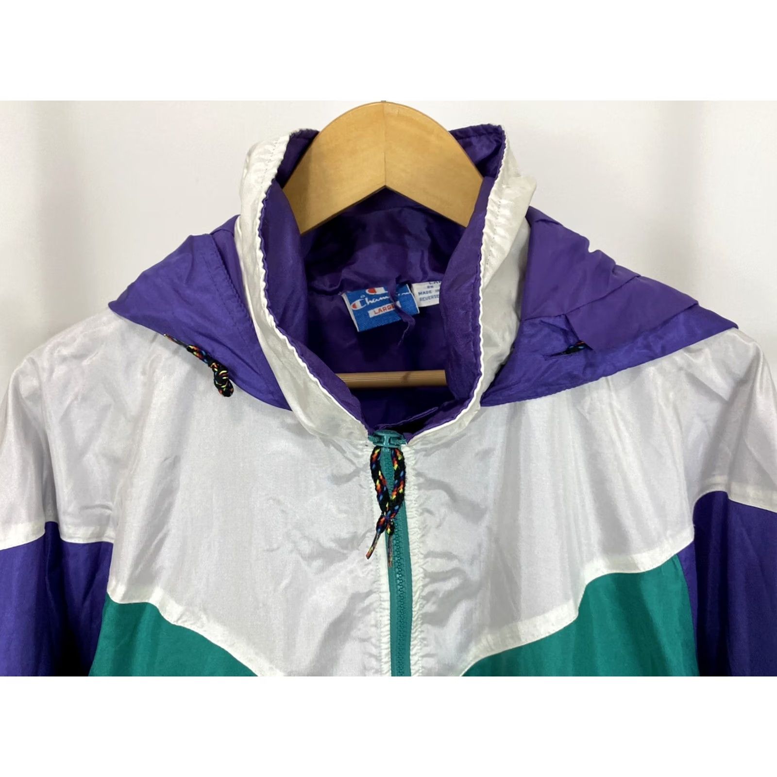 Champion VTG Champion 90s Windbreaker Jacket Hooded Long Nylon Men L Teal White Purple Bold Full Zip Era 90s Mens Jacket Size US L / EU 52-54 / 3 - 3 Thumbnail