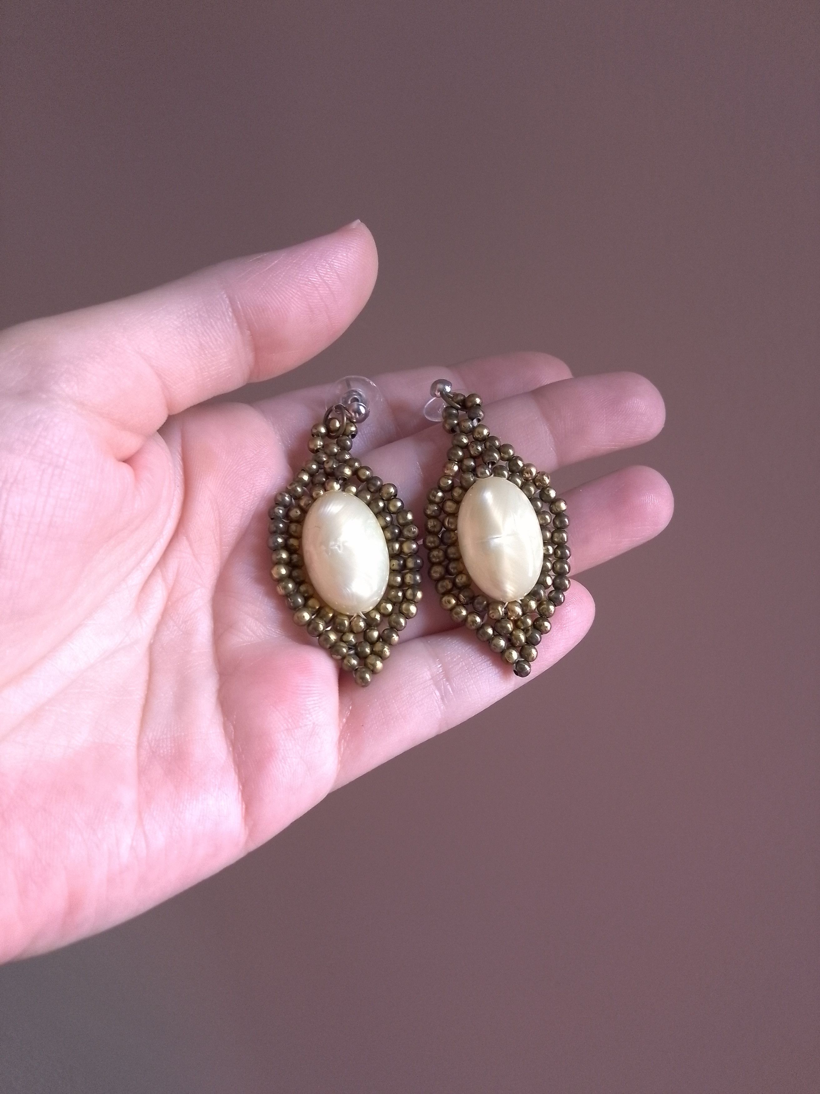 Handmade Earrings Vintage Elegant Antique Pearl and Brass Embroidered Size ONE SIZE - 4 Thumbnail