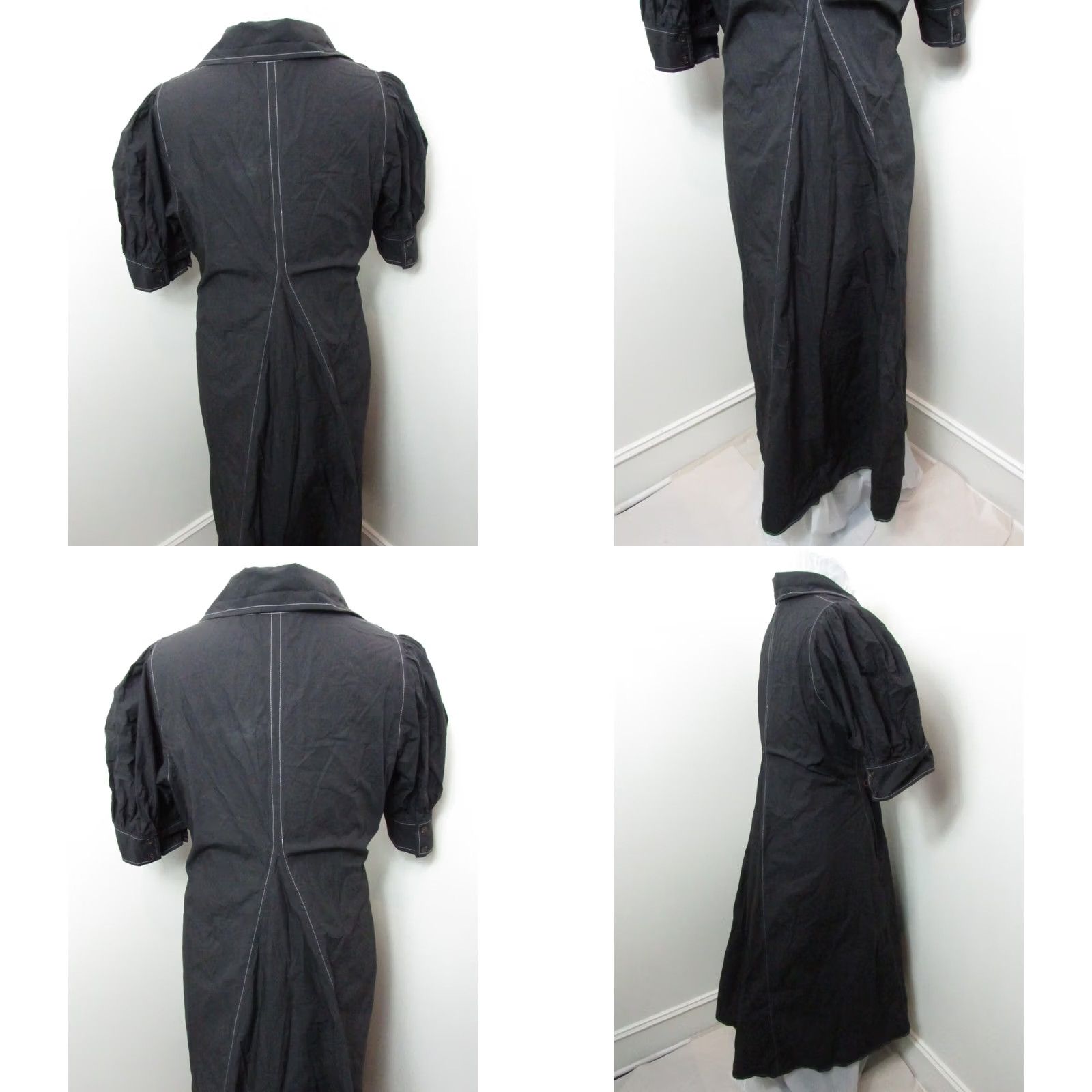 Ganni GANNI Dress Midi Black White Stitching Puff Sleeve V-Neck Pullover Large Women Regular Dress Size L / US 10 / IT 46 - 9 Thumbnail