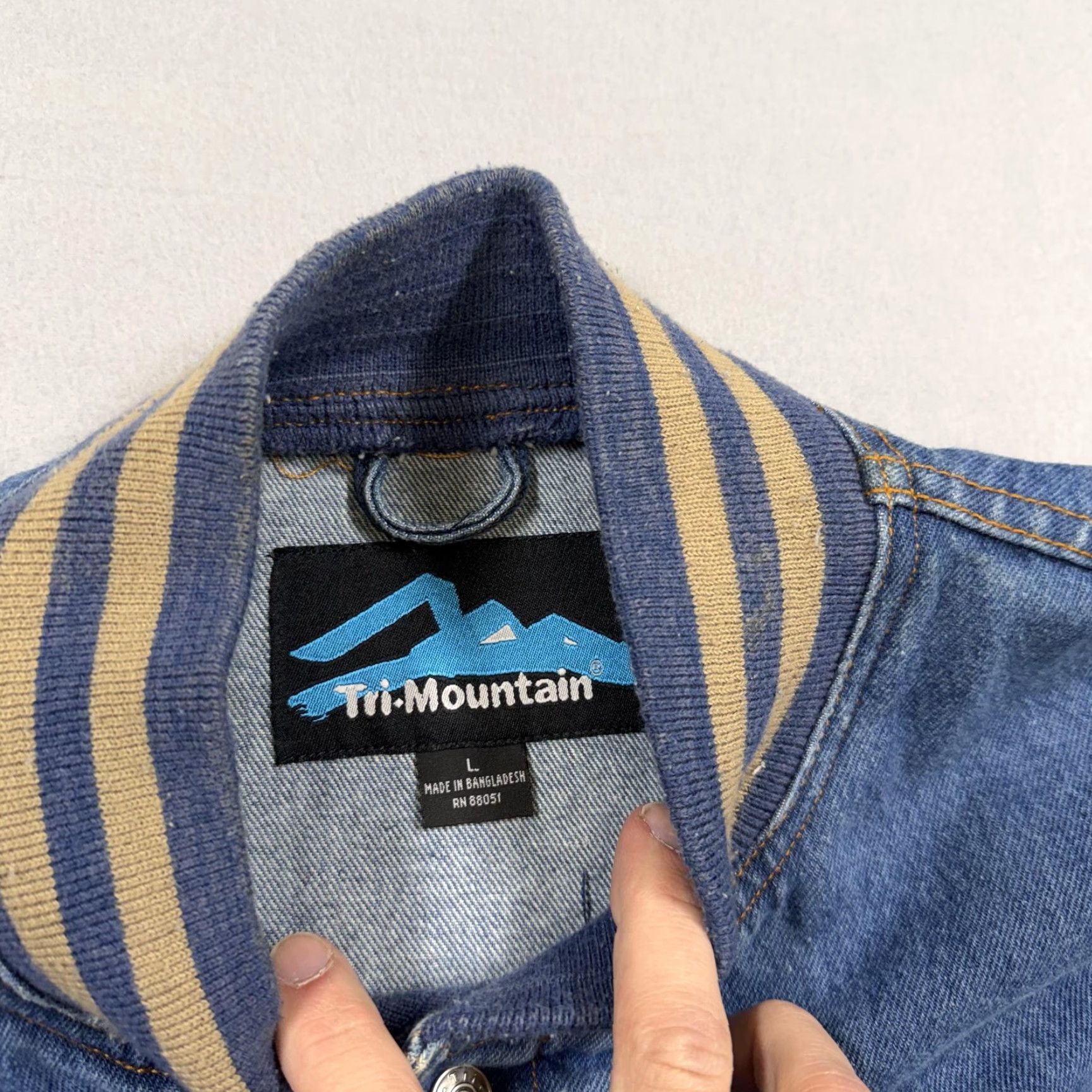 Denime Tri-Mountain Jacket Mens L Denim Varsity Snap Front Workwear Blue Cotton Denim Pockets Short Jacket Mens Size US L / EU 52-54 / 3 - 5 Thumbnail