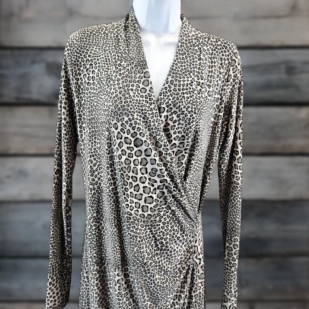 Norma Kamali Norma Kamali Womens Faux Wrap Dress Sz M Gray Animal Print Long Sleeve V-Neck Pullover Knit Dress Size M / US 6-8 / IT 42-44 - 1 Thumbnail