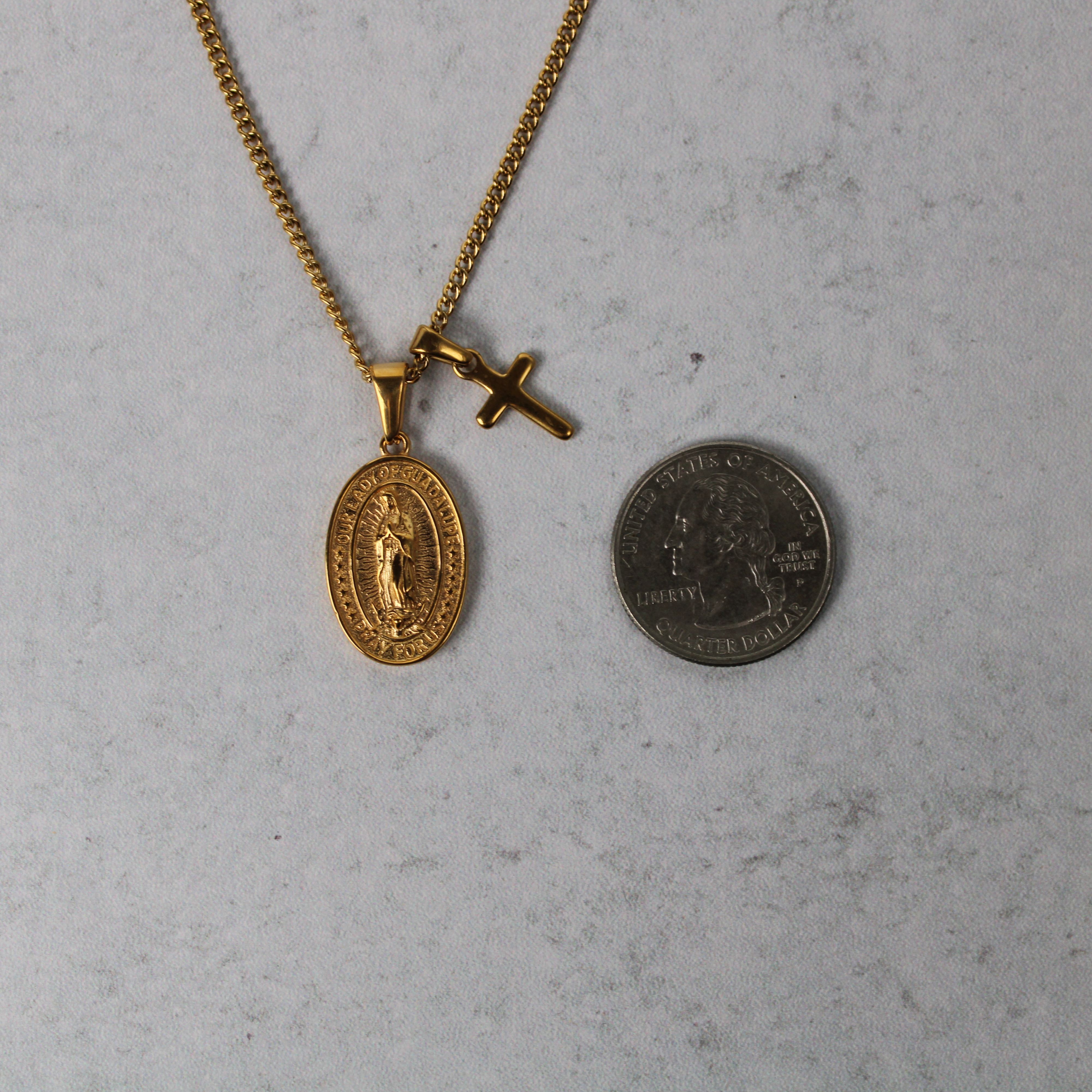 Jewelry Gold Lady of Guadalupe and Mini Cross Pendant Necklace Set Size ONE SIZE - 6 Thumbnail
