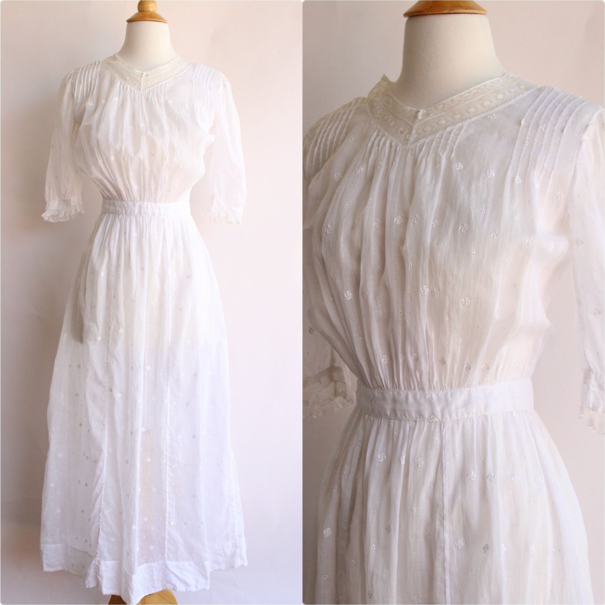 Vintage Vintage Antique 1900s 1910s Dress, Edwardian White Cotton An Size XS / US 0-2 / IT 36-38 - 1 Thumbnail