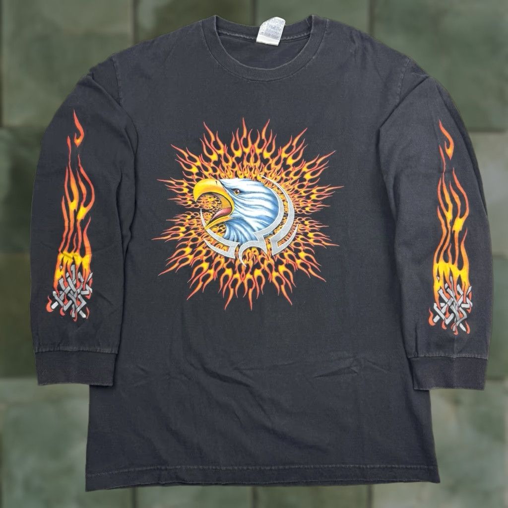 Vintage VINTAGE Alstyle Apparel & Activewear Biker Eagle Flames Long Sleeve Shirt Mens L Black 90s Y2K Graphic Print Crew Neck Band Vintage Biker Rally Punk Size US L / EU 52-54 / 3 - 1 Thumbnail