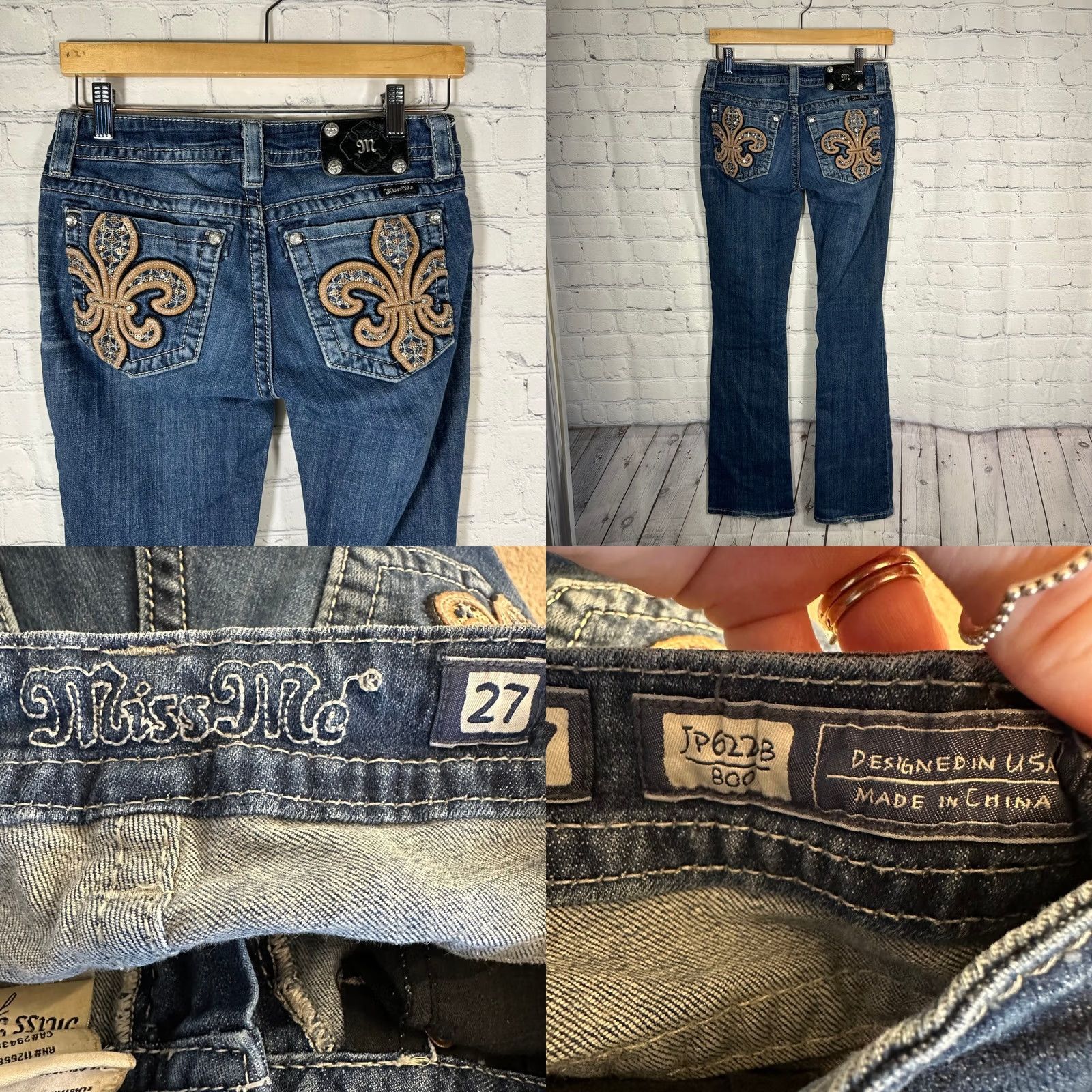 Miss Me Miss Me Jeans Bootcut Blue Fleur De Lis Sequin Embroidered Medium Wash 27 Womens Size 27" / US 4 / IT 40 - 8 Thumbnail