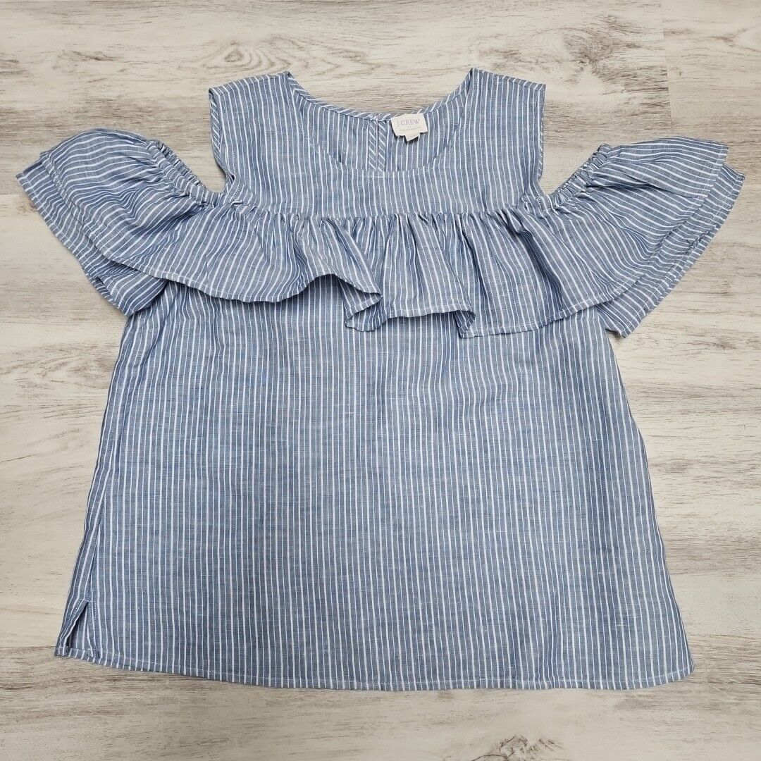 J.Crew J Crew Linen Blend Top Womens 12 Blue Striped Ruffle Collar Size XL / US 12-14 / IT 48-50 - 6 Thumbnail