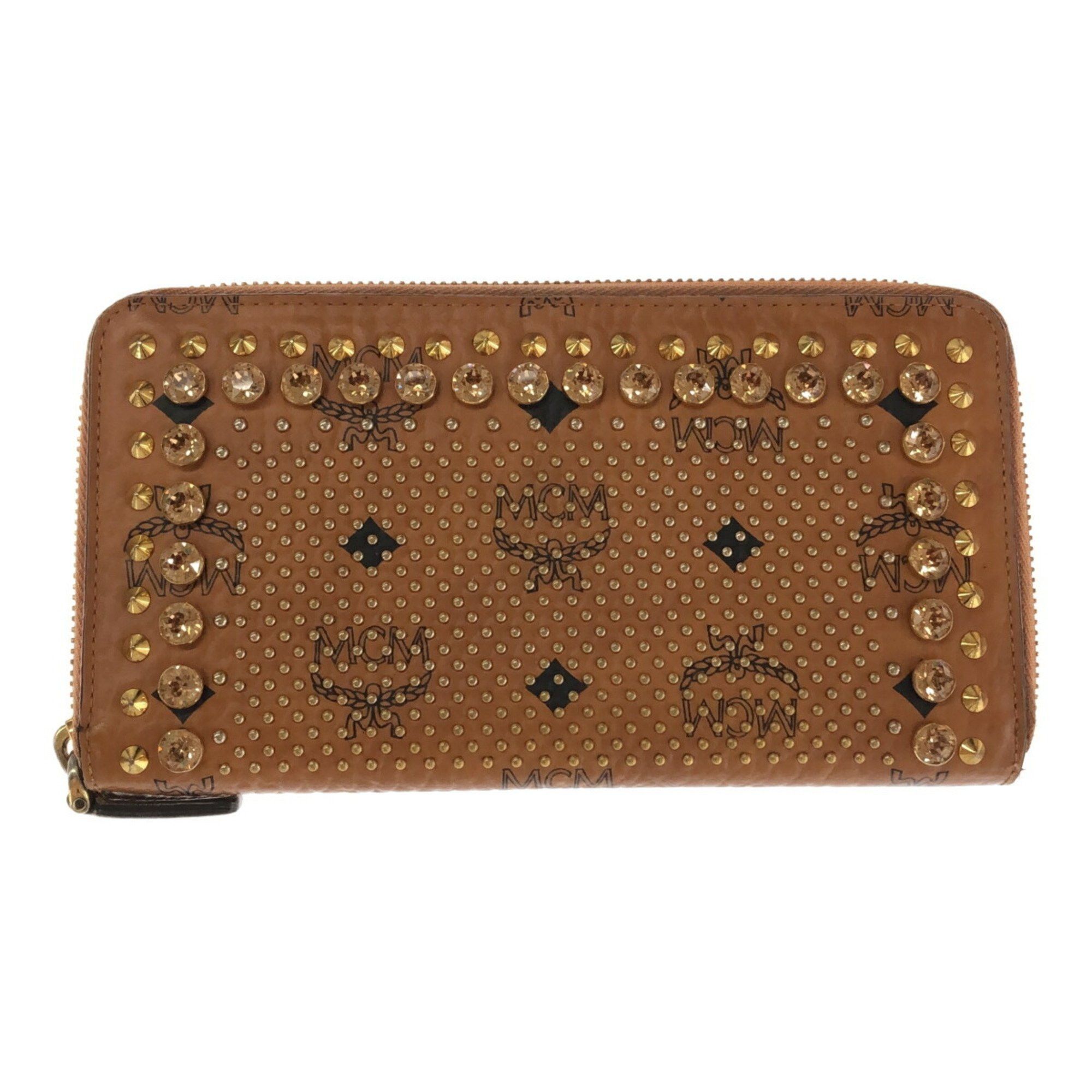 image of MCM Round Long Wallet Rhinestone Studded Leather Men's Women's Itx8Mnrbidnz Rk353D in Camel