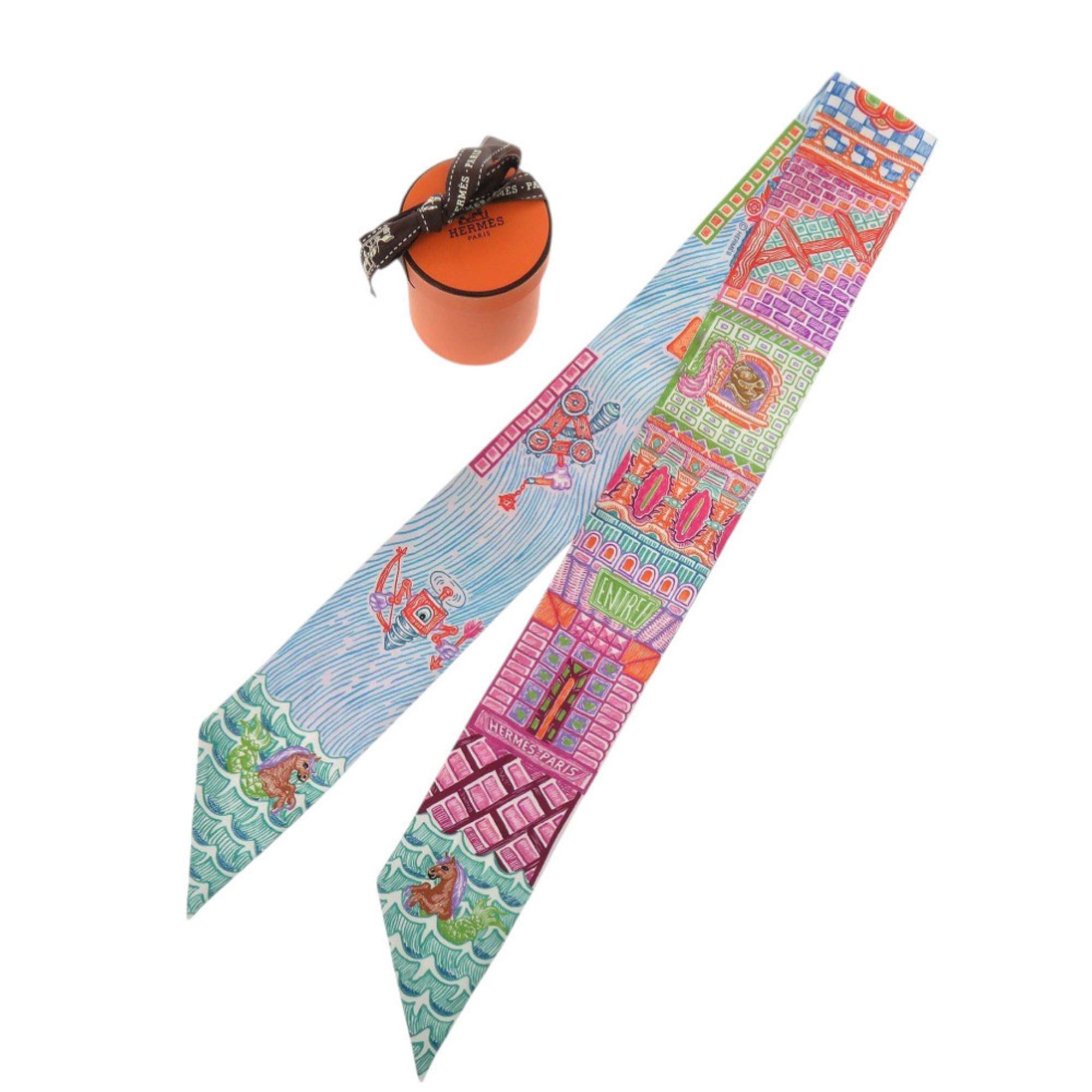 Hermes Like New Hermes Twilly Super Silk Quest Scarf/Muffler in Rose Turquoise Orange 0394HERMES Size ONE SIZE - 1 Thumbnail