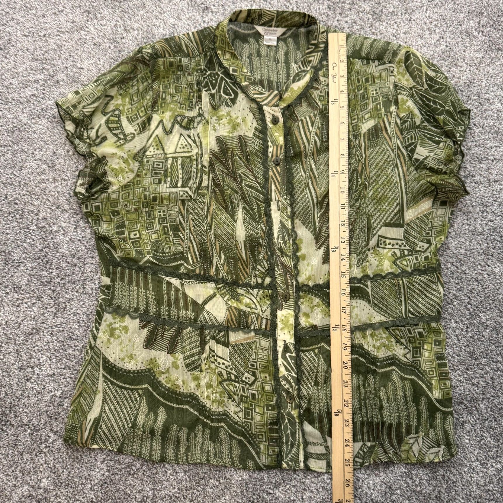 Vintage Christopher & Banks Shirt XL Green Geometric Abstract Tribal Artsy Short Sleeve Button Front Lined Lightweight Boho Retro Size XL / US 12-14 / IT 48-50 - 6 Thumbnail