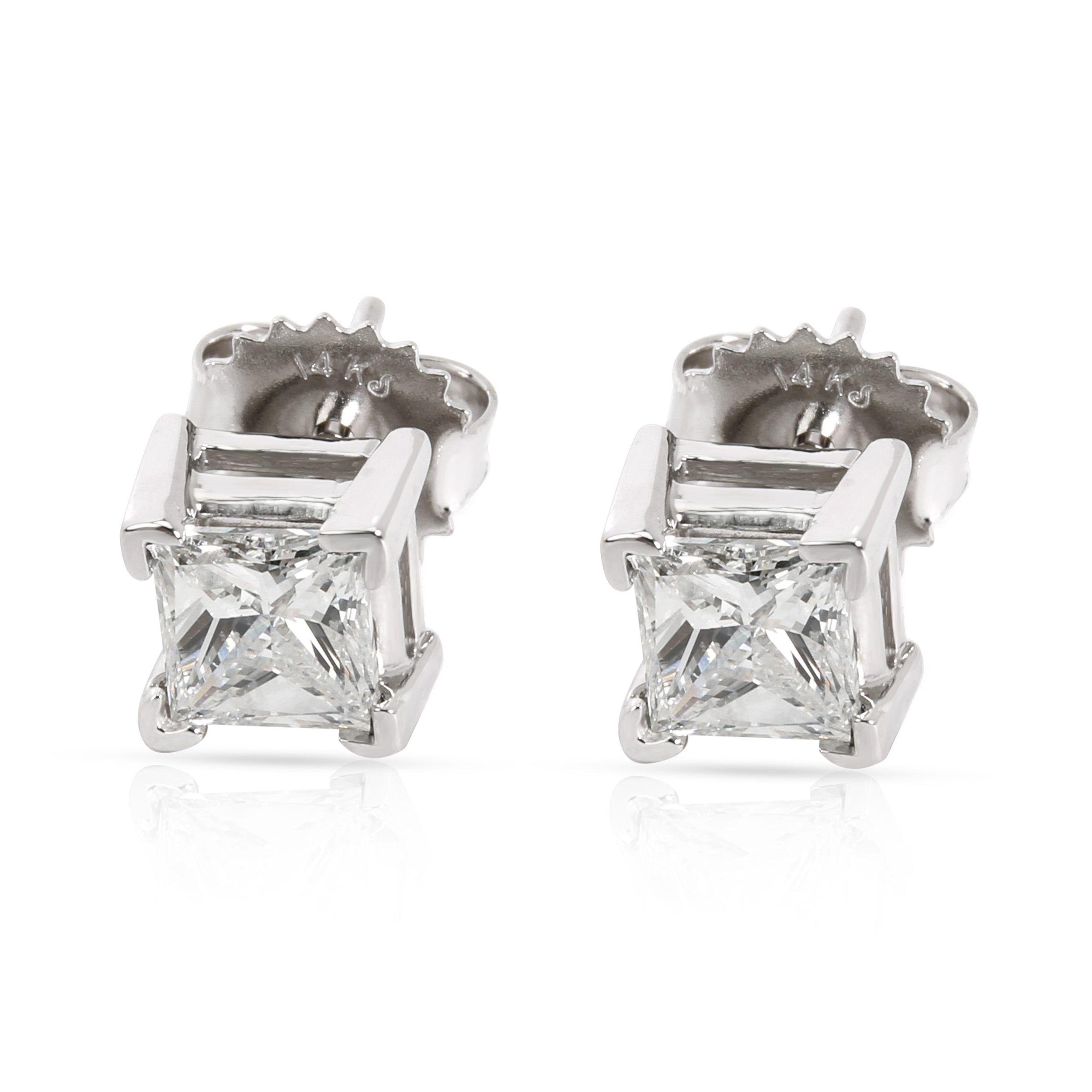 image of Princess Cut Diamond Stud Earrings In 14K White Gold G-H/i1 1.30 Ctw, Women's