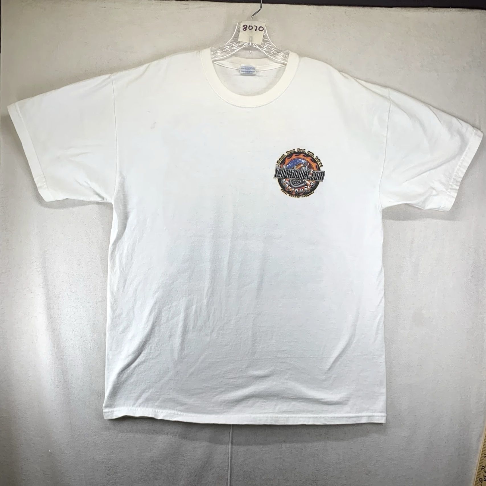 Gildan Men's Cotton Muscle Car T-Shirt XL White Yellow Bullet 2011 Dragway Cars Speed Graphic Print Size US XL / EU 56 / 4 - 3 Thumbnail